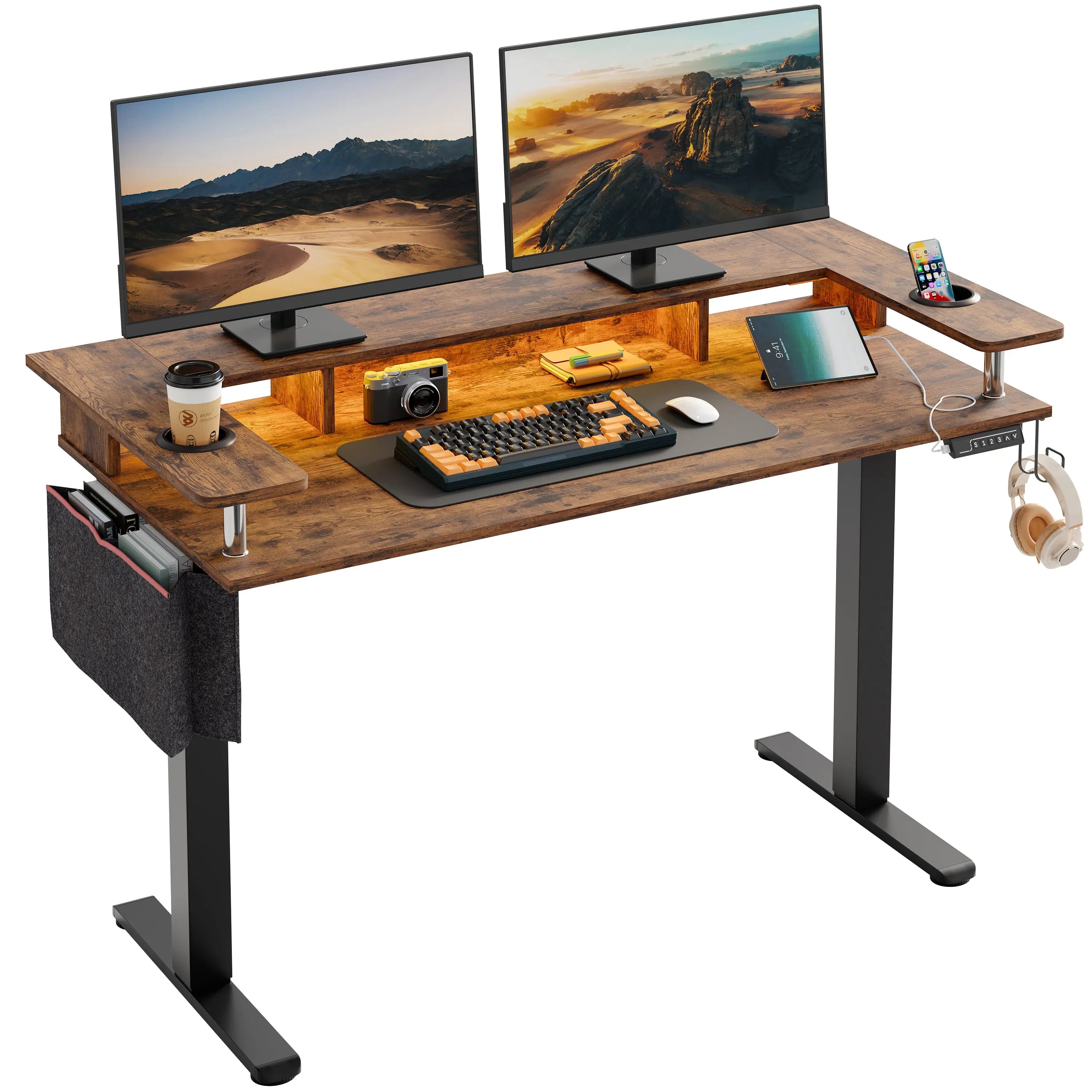 Bestier 58" electric standing desk, monitor stand, dual monitors, LED light, storage.