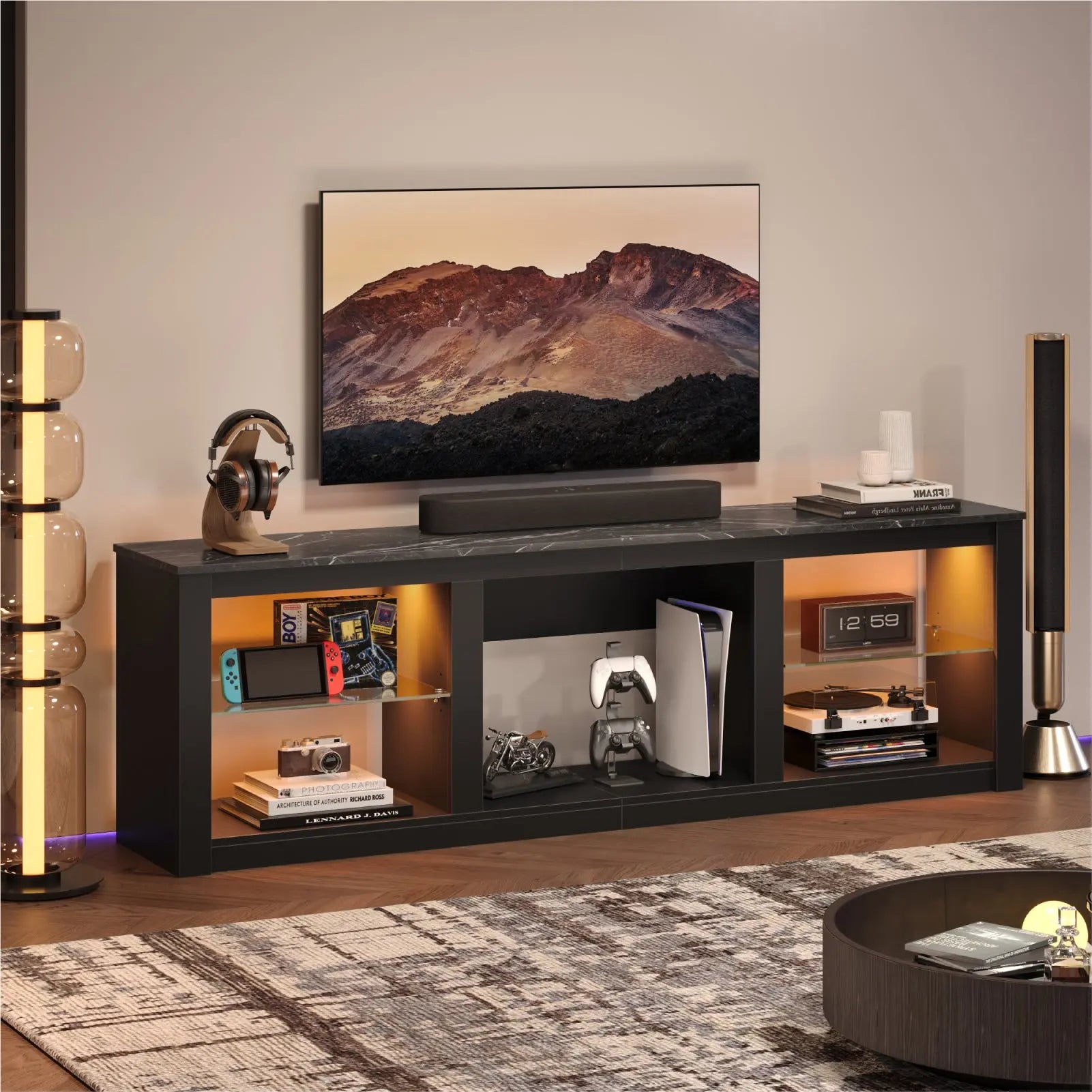 Bestier 70 Inch Fireplace TV Stand for TV up to 75", LED Entertainment Center with 23" Electric Fireplace Media Console Table for Living Room with Glass Shelves Bestier
