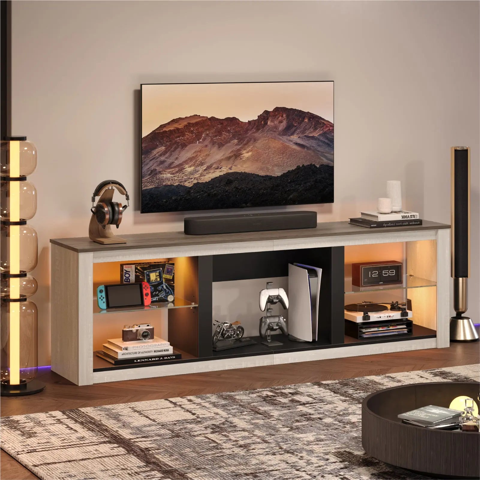 Bestier 70 Inch Fireplace TV Stand for TV up to 75", LED Entertainment Center with 23" Electric Fireplace Media Console Table for Living Room with Glass Shelves Bestier