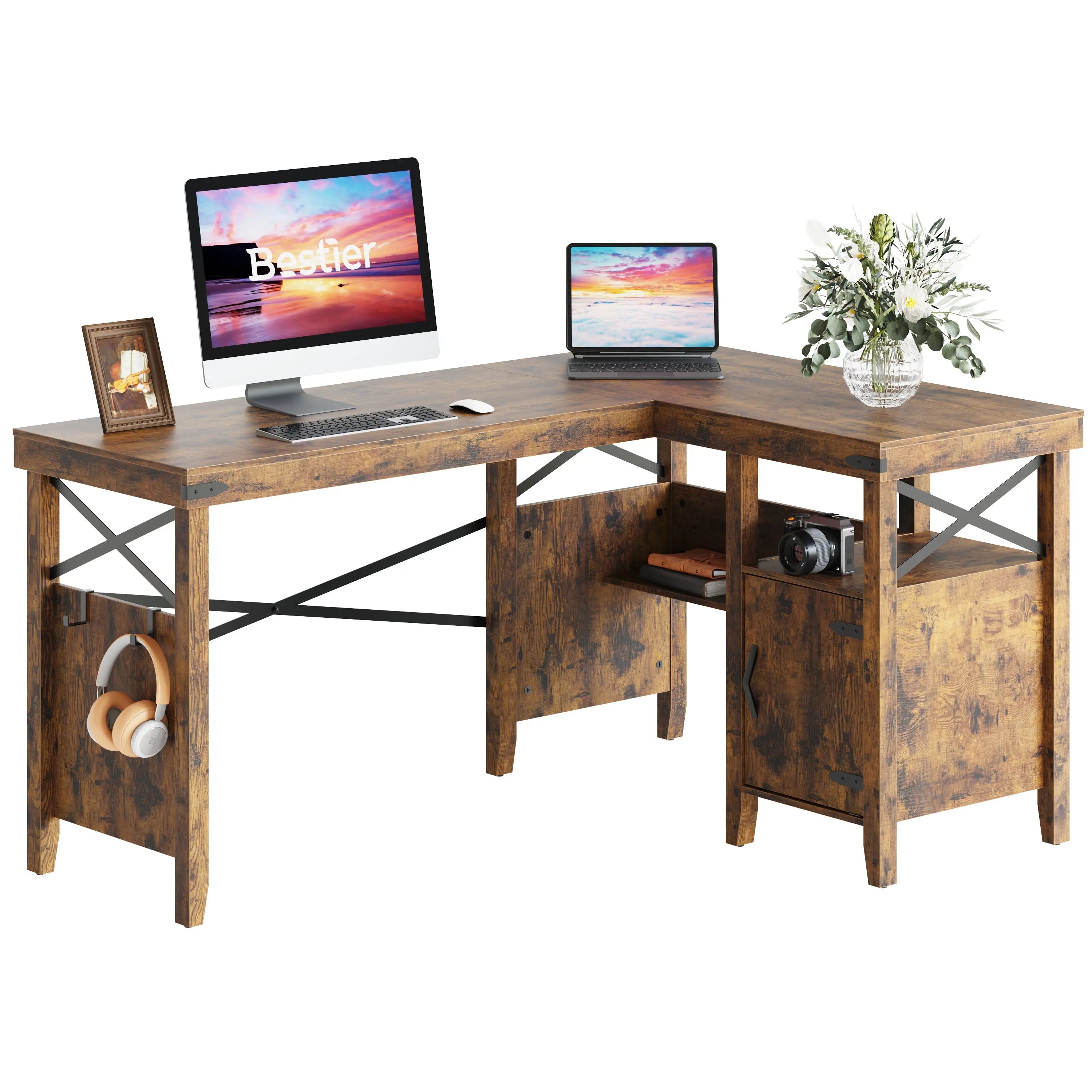 Bestier 60" Wide Farmhouse L-Shaped Computer Desk with Storage Cabinet and Bookshelf Bestier