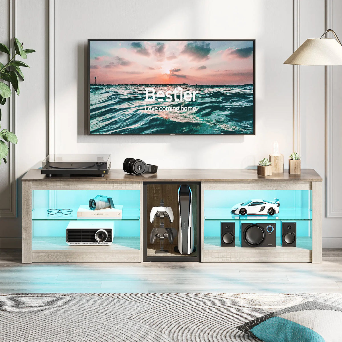 Bestier 63-inch TV Stand for 70 inch TV, Gaming Entertainment Center for PS5, LED TV Cabinet with Glass Shelves for Living Room Bestier