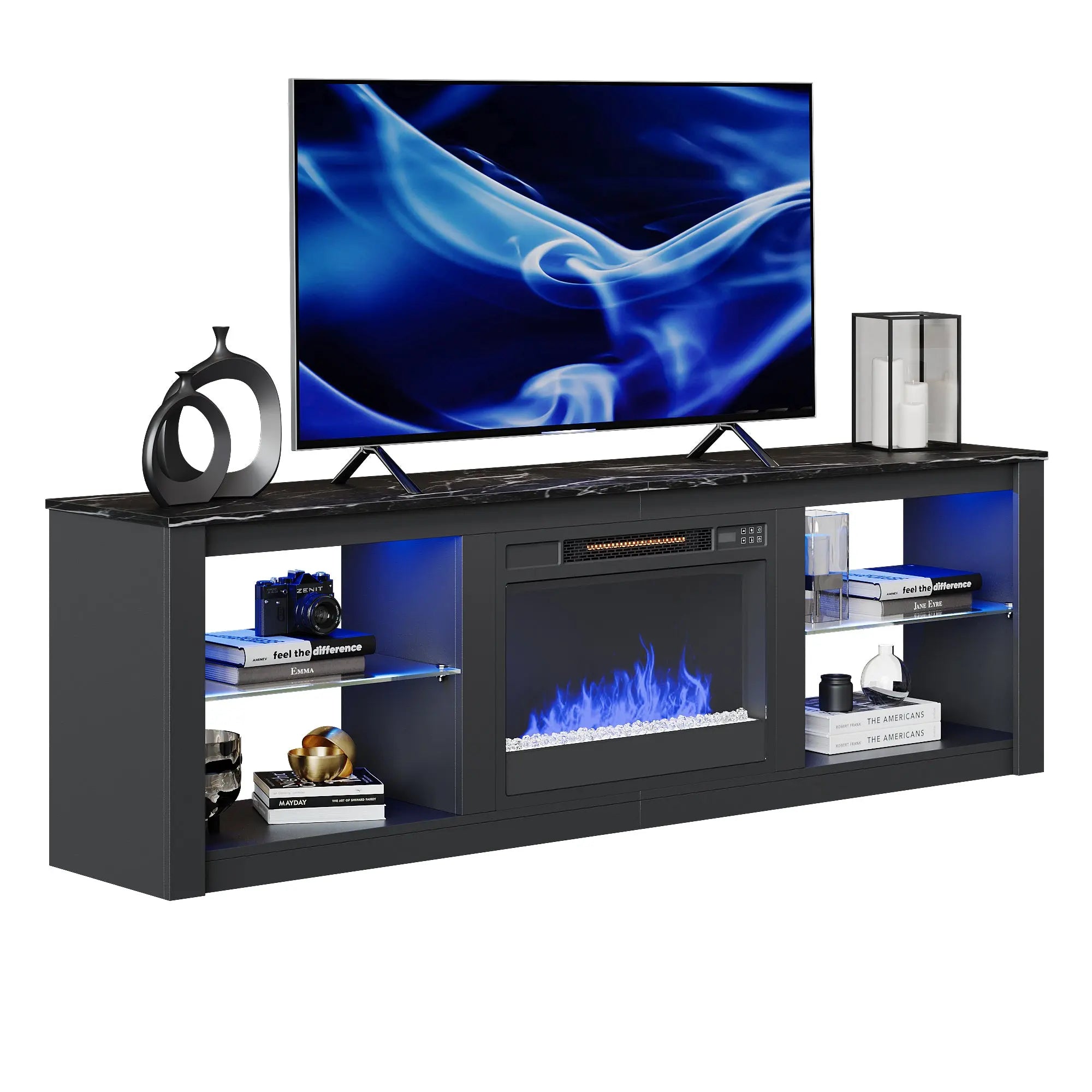 Bestier 70-inch Fireplace TV Stand with RGB Lights, Adjustable Glass Shelves & Remote Control Bestier