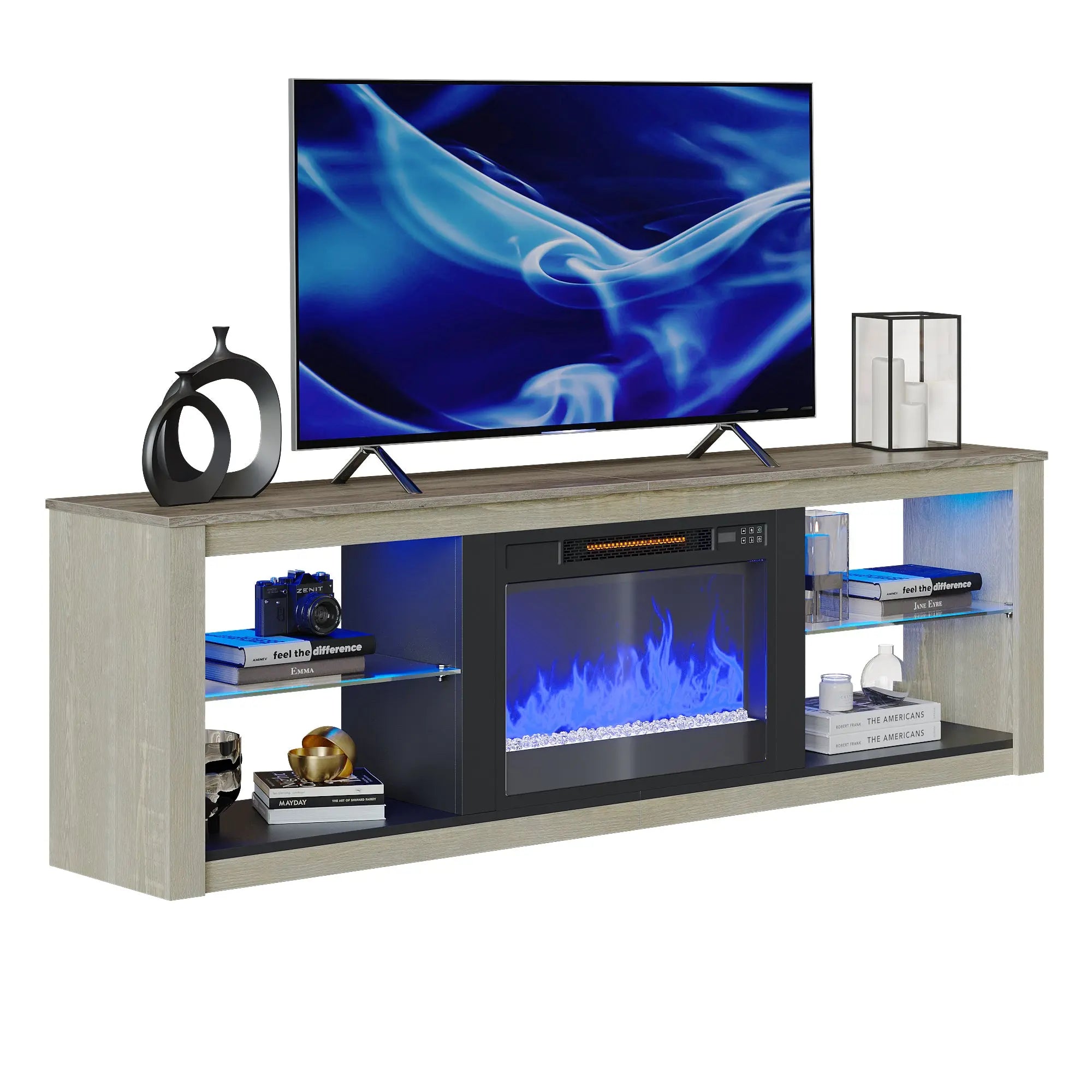 Bestier 70-inch fireplace TV stand with blue RGB lights, electric fireplace, and glass shelves.