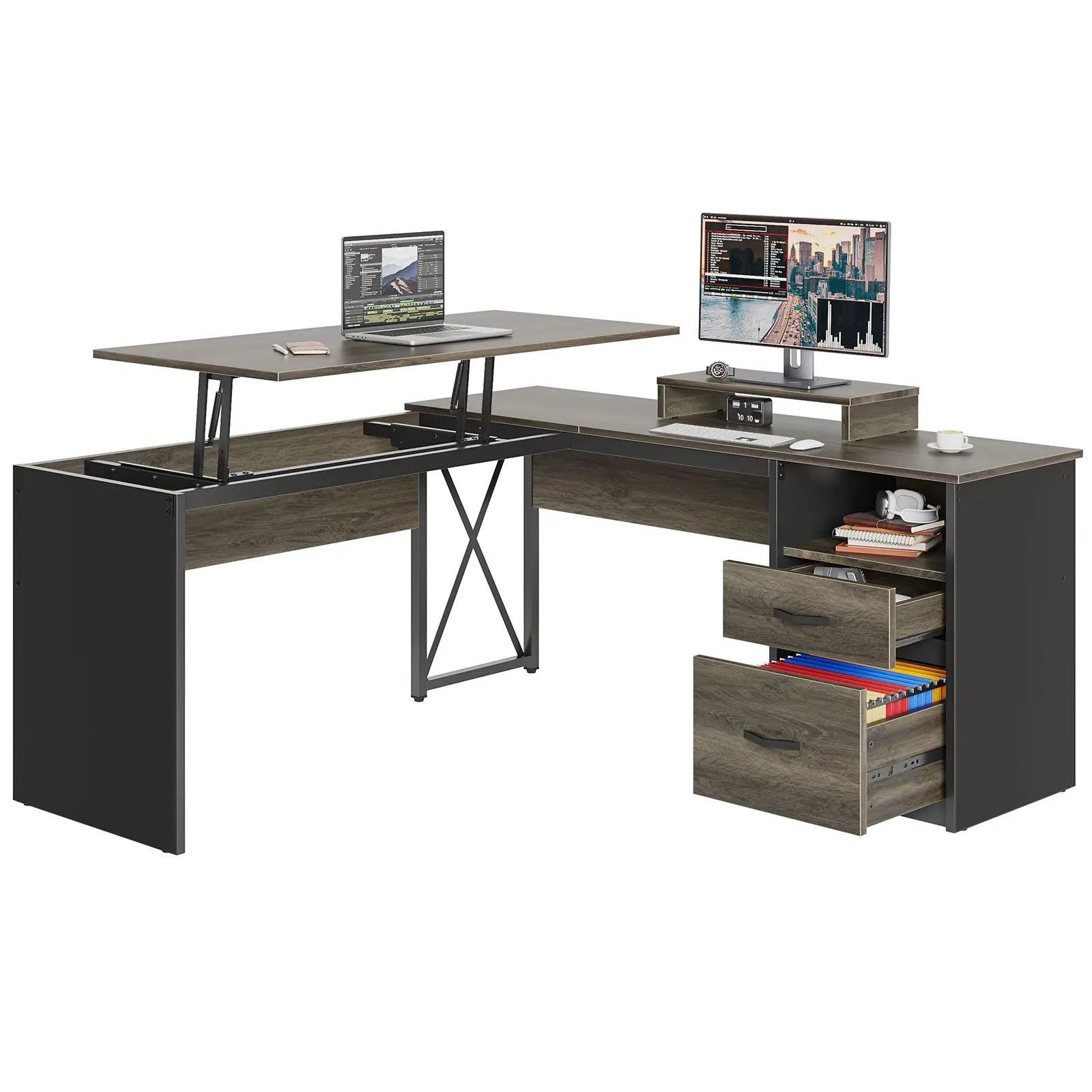 Bestier 56-inch L-Shaped Computer Desk with Drawers and Monitor Stand Bestier