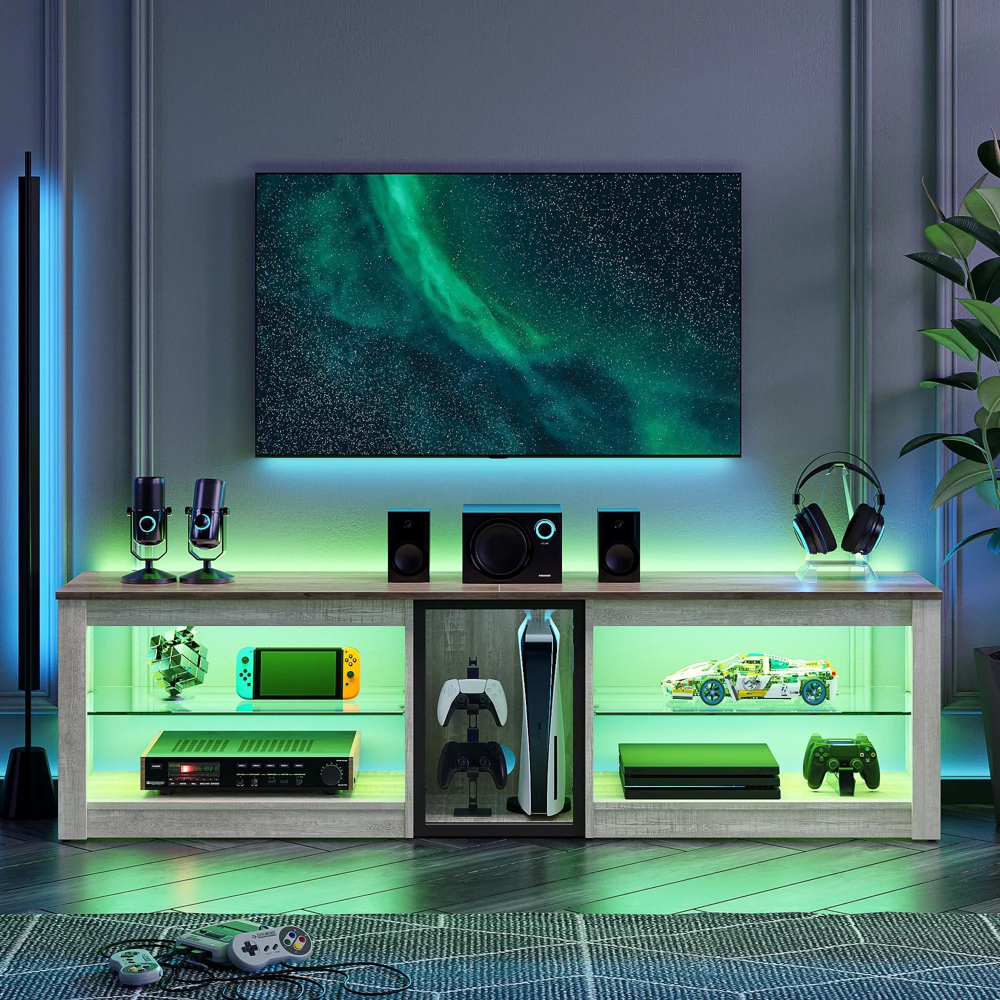 Bestier 63-inch TV Stand for 70 inch TV, Gaming Entertainment Center for PS5, LED TV Cabinet with Glass Shelves for Living Room Bestier