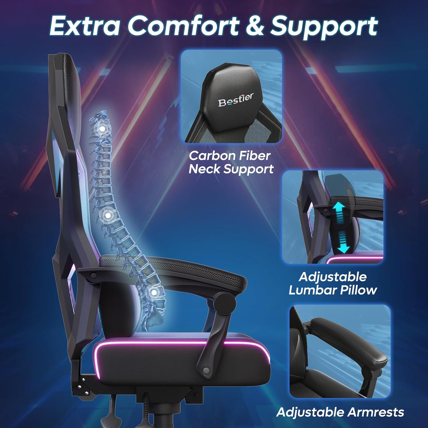 Bestier Gaming Chair with RGB LED Lights and Adjustable Lumbar Support Bestier