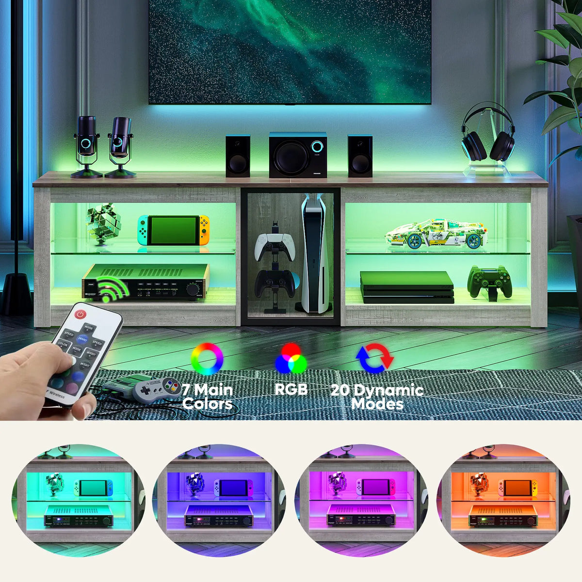 Bestier 63-inch TV stand for PS5, with RGB LED lighting and glass shelves.
