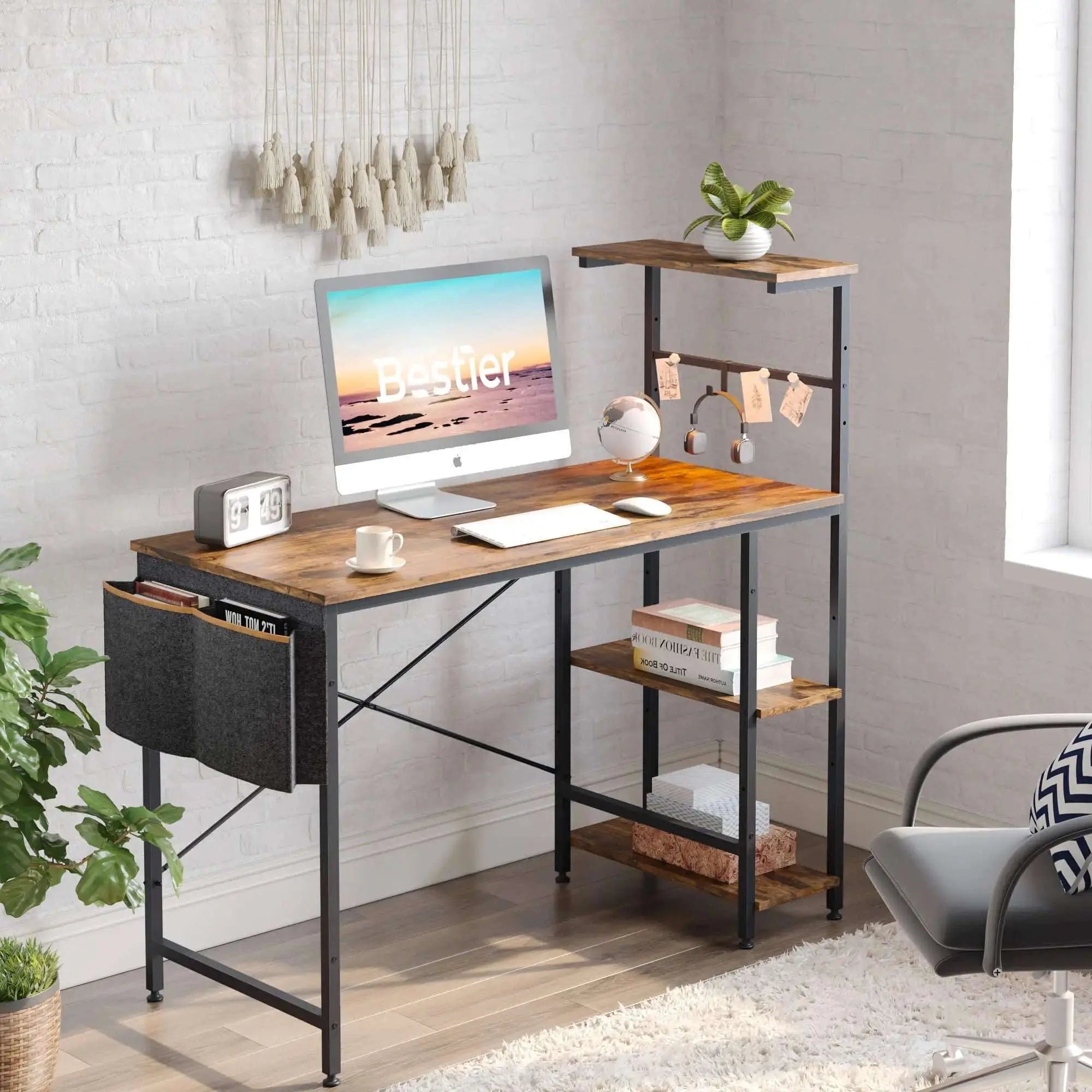 Bestier Computer Desk of Rustic Brown with Shelves & Storage Bag