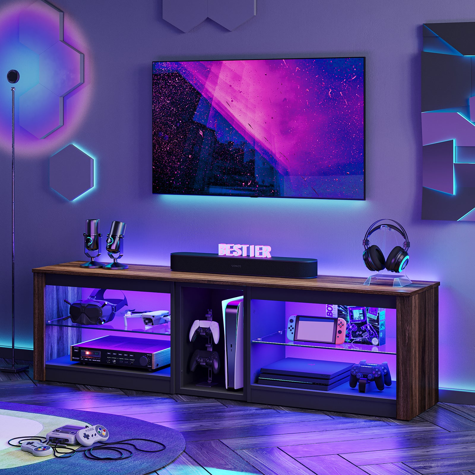 Bestier 63-inch TV Stand for 70 inch TV, Gaming Entertainment Center for PS5, LED TV Cabinet with Glass Shelves for Living Room