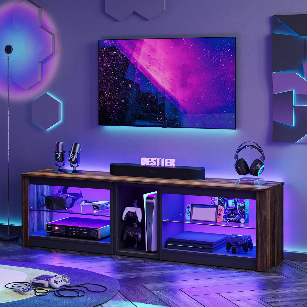 Bestier LED TV stand, gaming entertainment center with PS5 & glass shelves