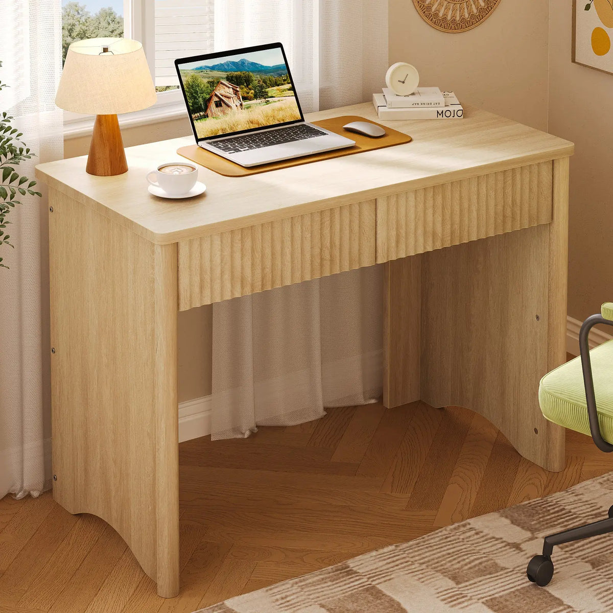 Bestier 40 In Fluted Wood Office Desk - Commercial Furniture with 2 Silent Drawers, Light Wood Finish Bestier