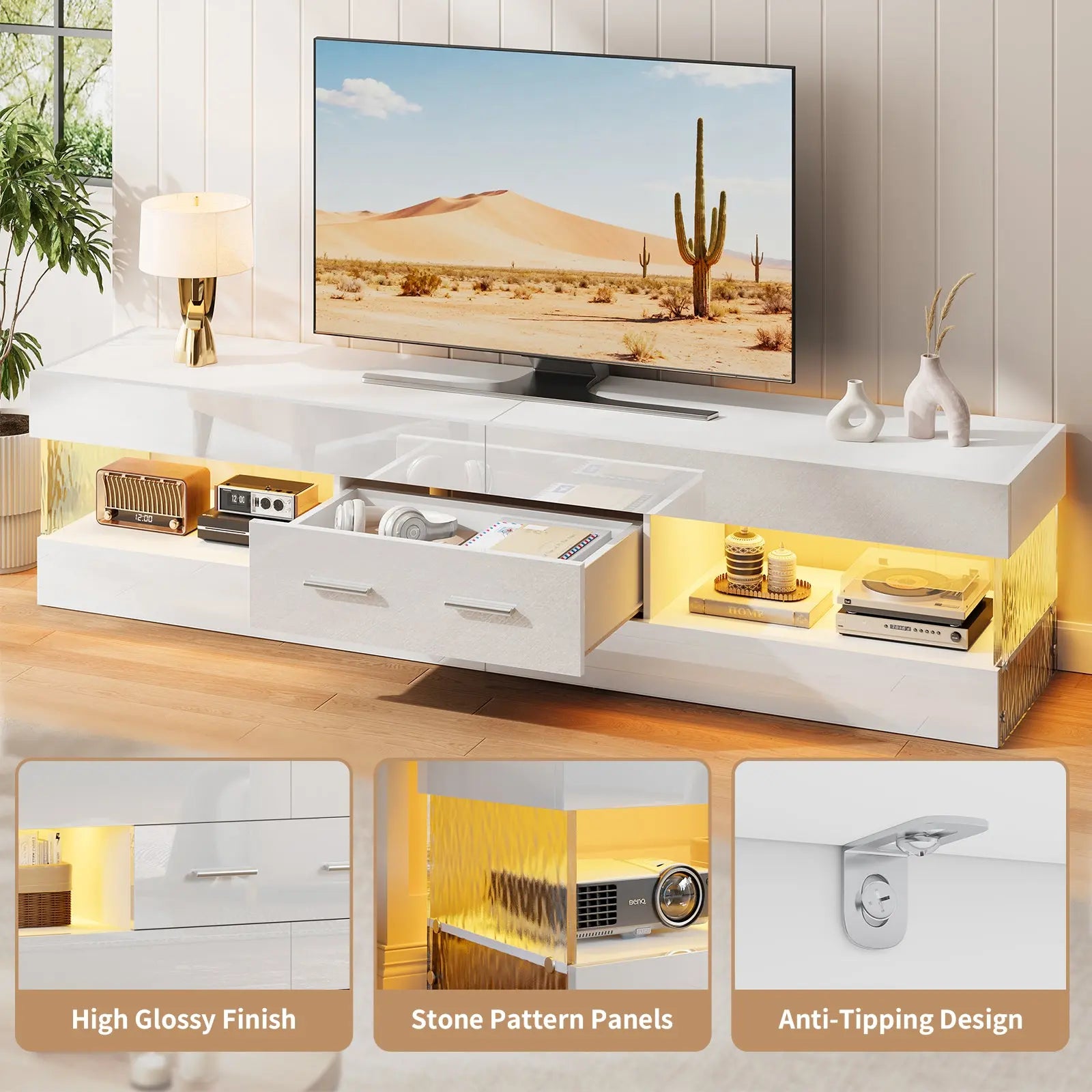 TV Stand for TVs up to 75" Modern Entertainment Center with LED Light High Gloss TV Console Table Storage Drawers Bestier