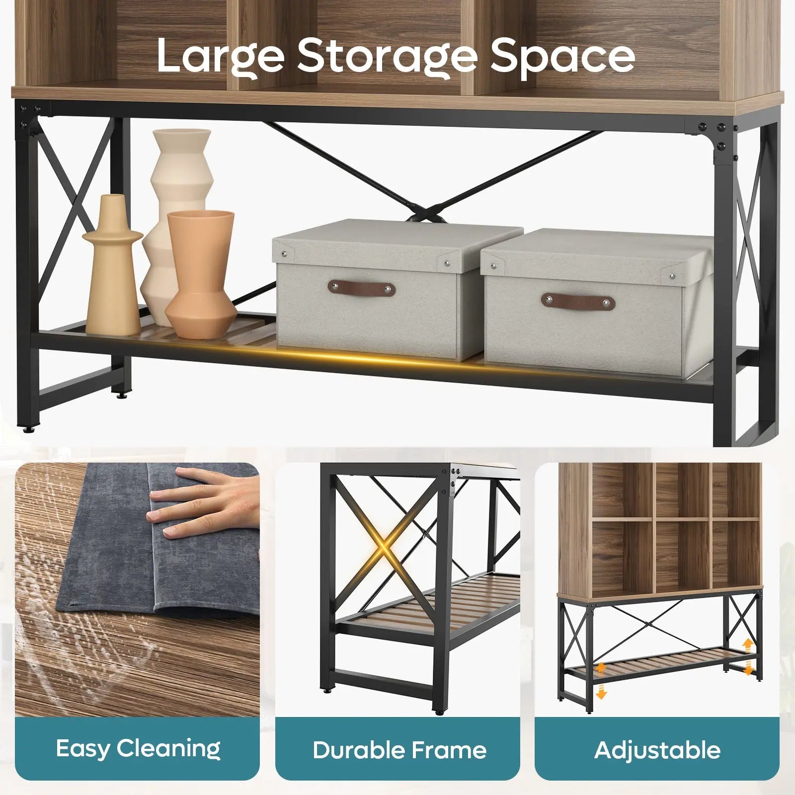 Bookcase with 6 Cubes, Adjustable Shelves, RGB Lights & X-Frame - Farmhouse Style Bestier