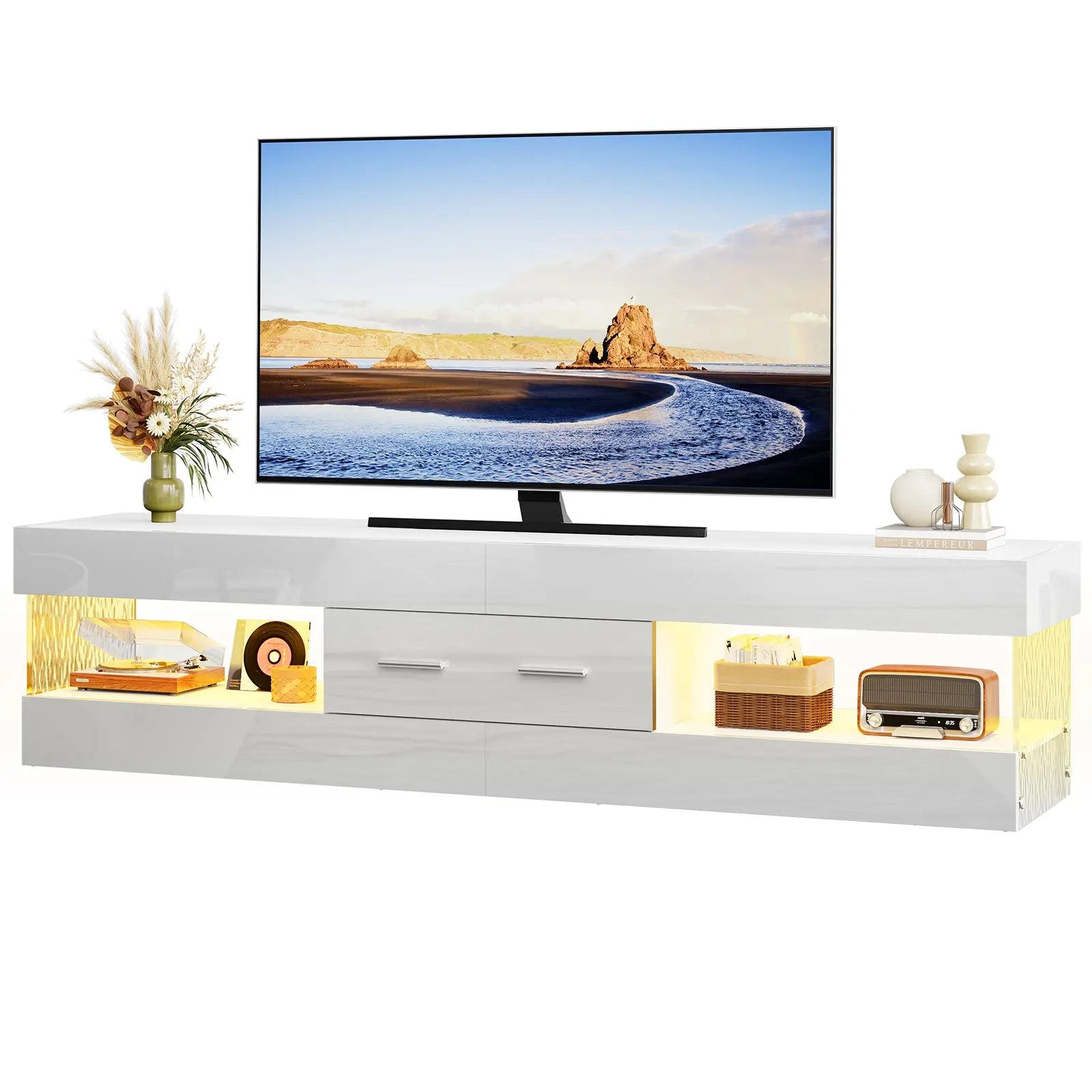 TV Stand for TVs up to 75" Modern Entertainment Center with LED Light High Gloss TV Console Table Storage Drawers Bestier