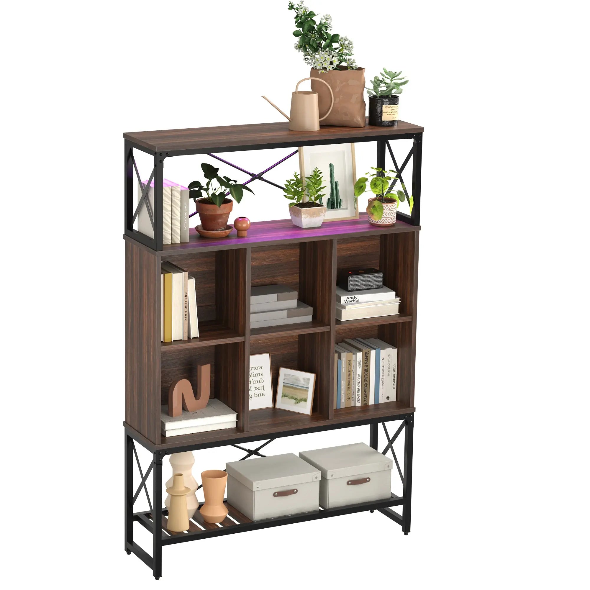 Bookcase with 6 Cubes, Adjustable Shelves, RGB Lights & X-Frame - Farmhouse Style Bestier