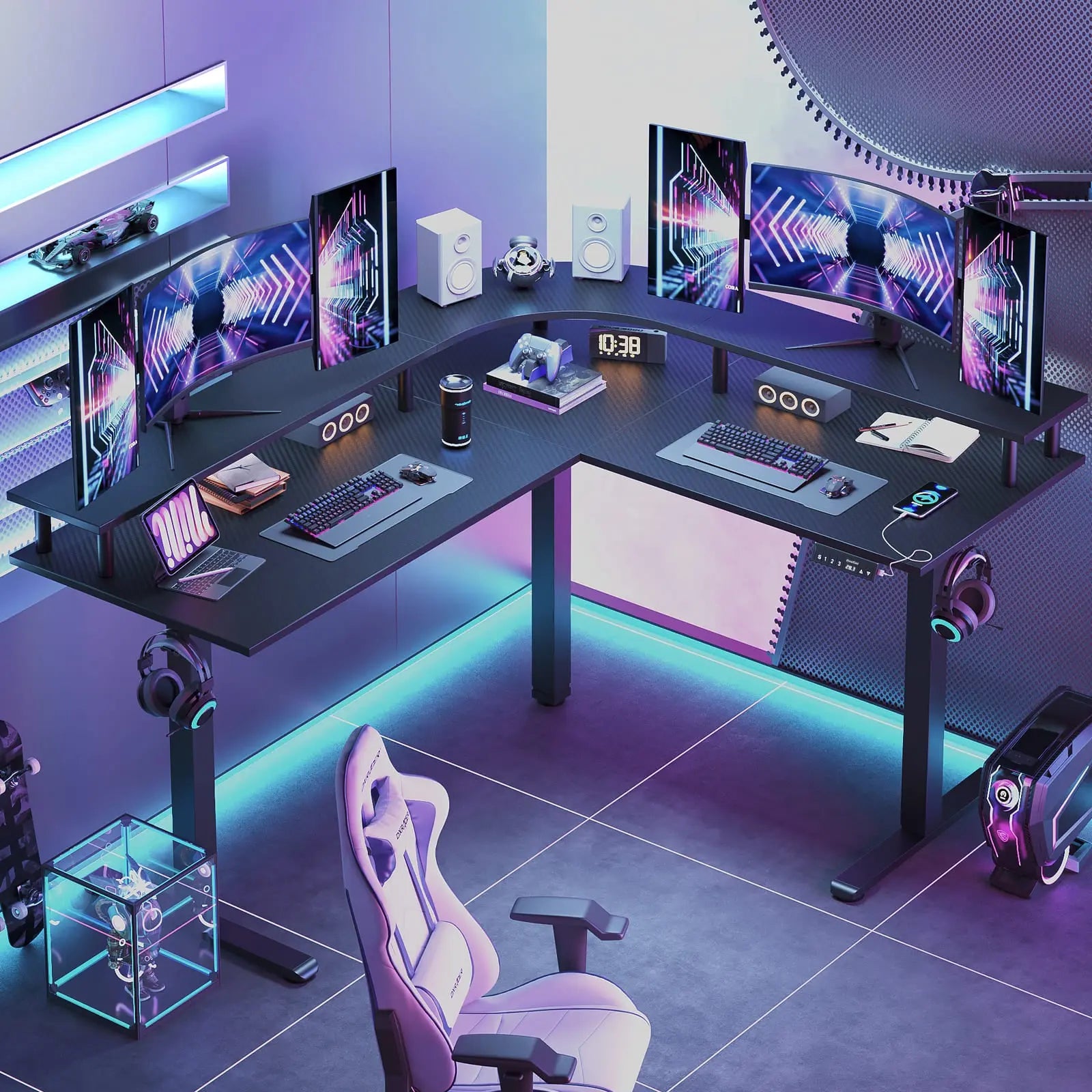l shaped electric standing desk in a room