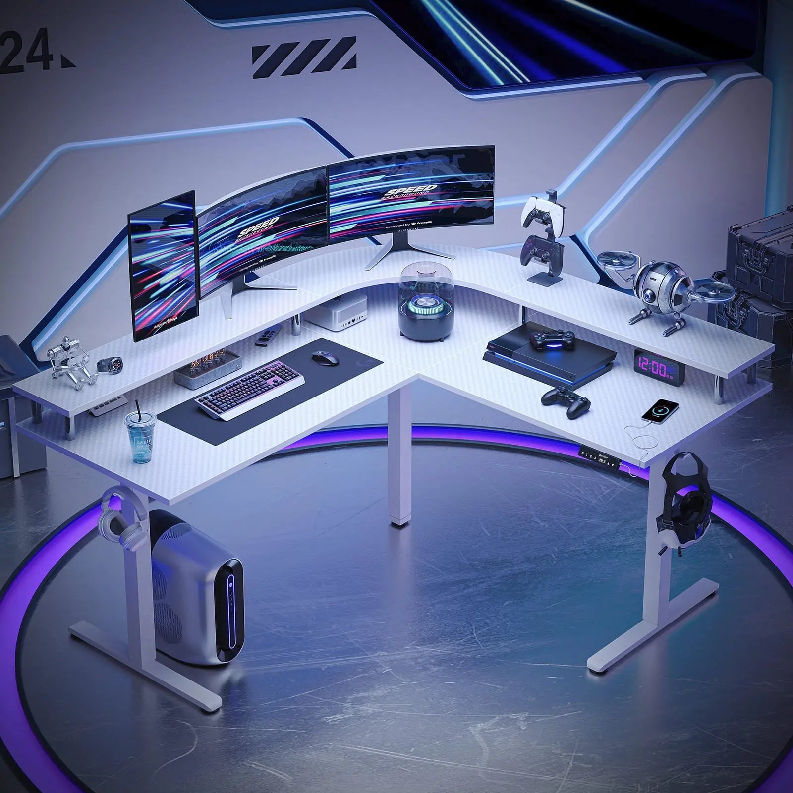 white l shaped electric standing desk with monitor stand