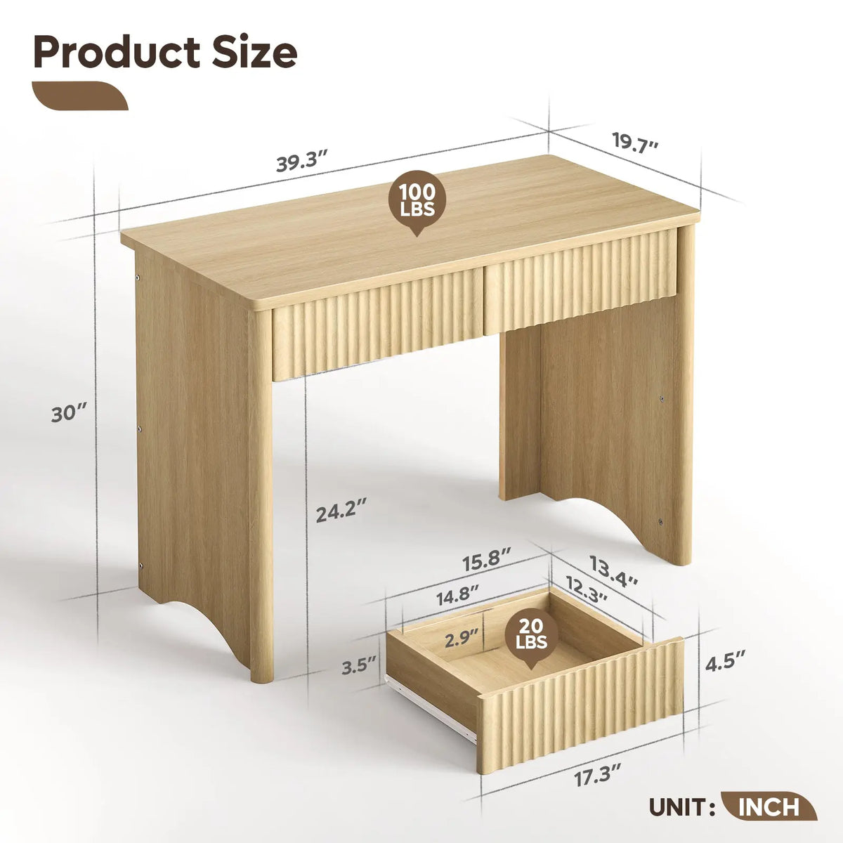 Bestier 40 In Fluted Wood Office Desk - Commercial Furniture with 2 Silent Drawers, Light Wood Finish Bestier