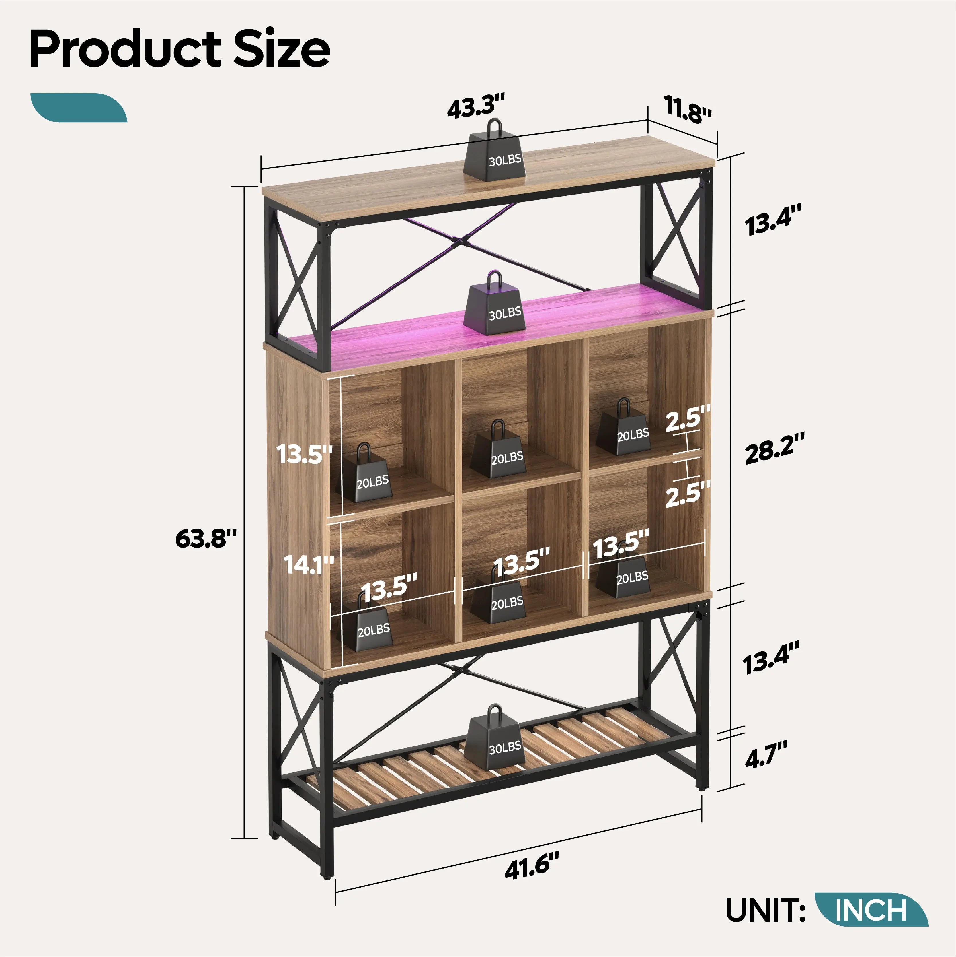 Bookcase with 6 Cubes, Adjustable Shelves, RGB Lights & X-Frame - Farmhouse Style Bestier