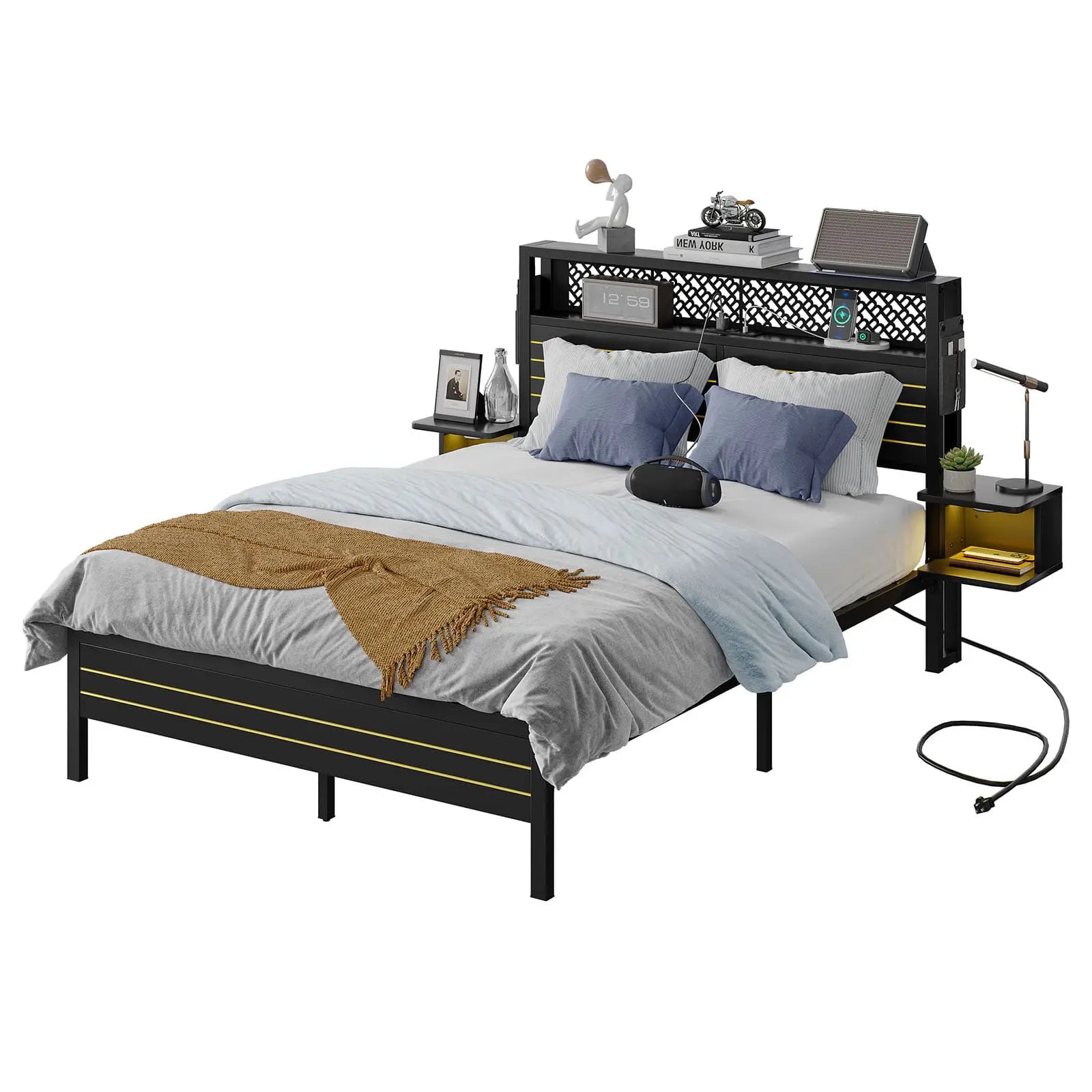 full bed frame with horizontal golden stripe storage headboard Bestier