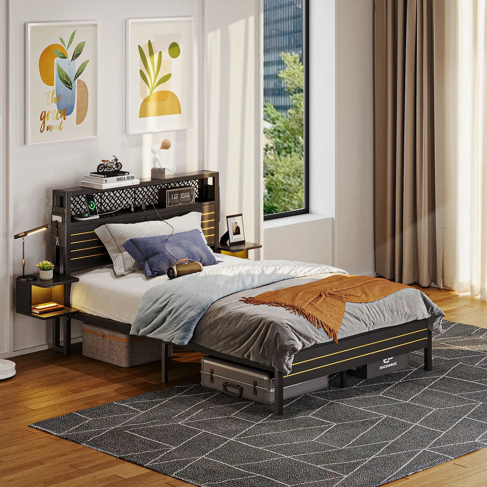 full bed frame with horizontal golden stripe storage headboard Bestier