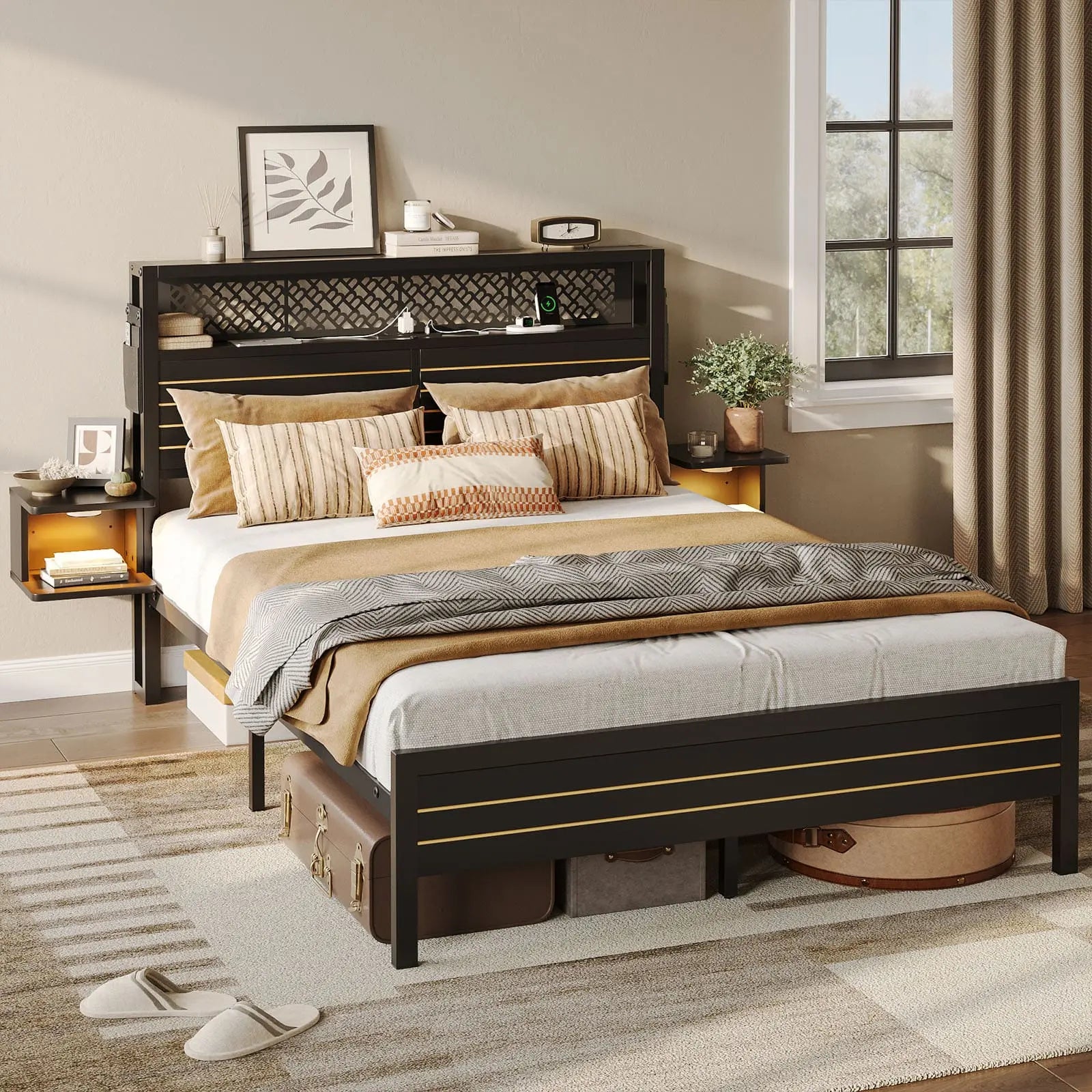 full bed frame with horizontal golden stripe storage headboard Bestier