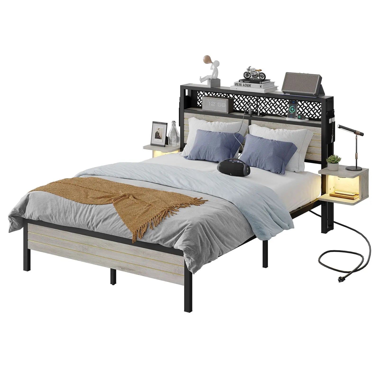 full bed frame with horizontal golden stripe storage headboard Bestier