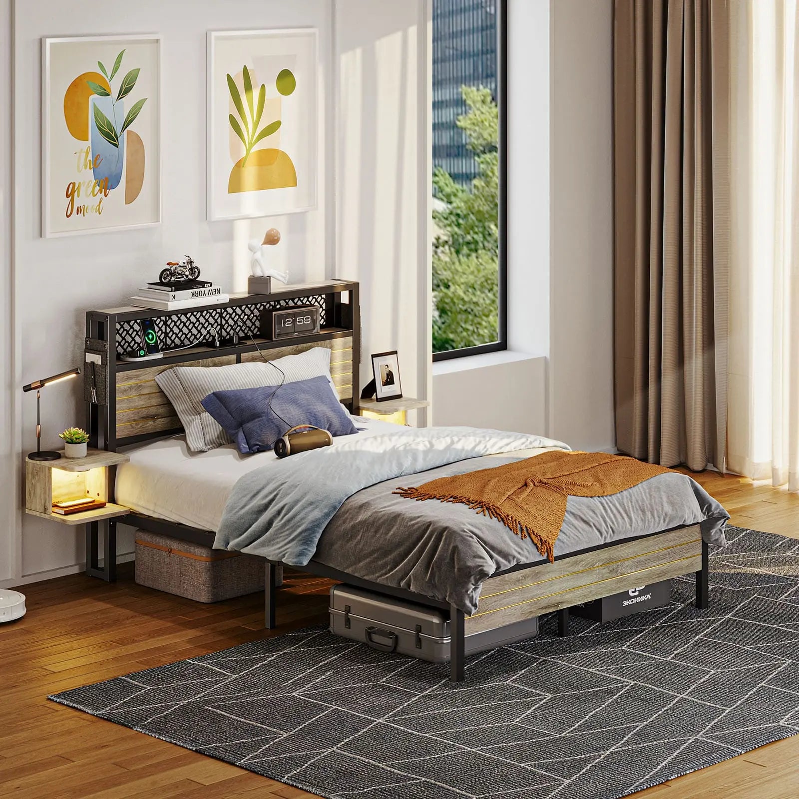 full bed frame with horizontal golden stripe storage headboard Bestier