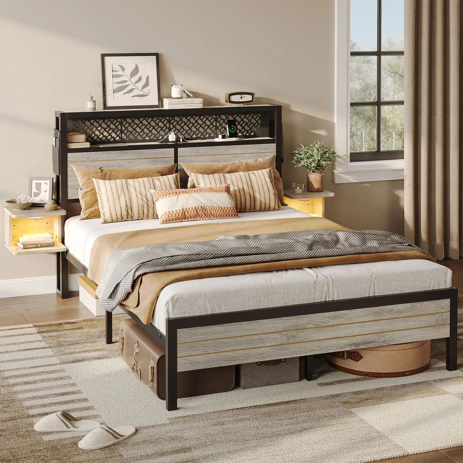 full bed frame with horizontal golden stripe storage headboard Bestier