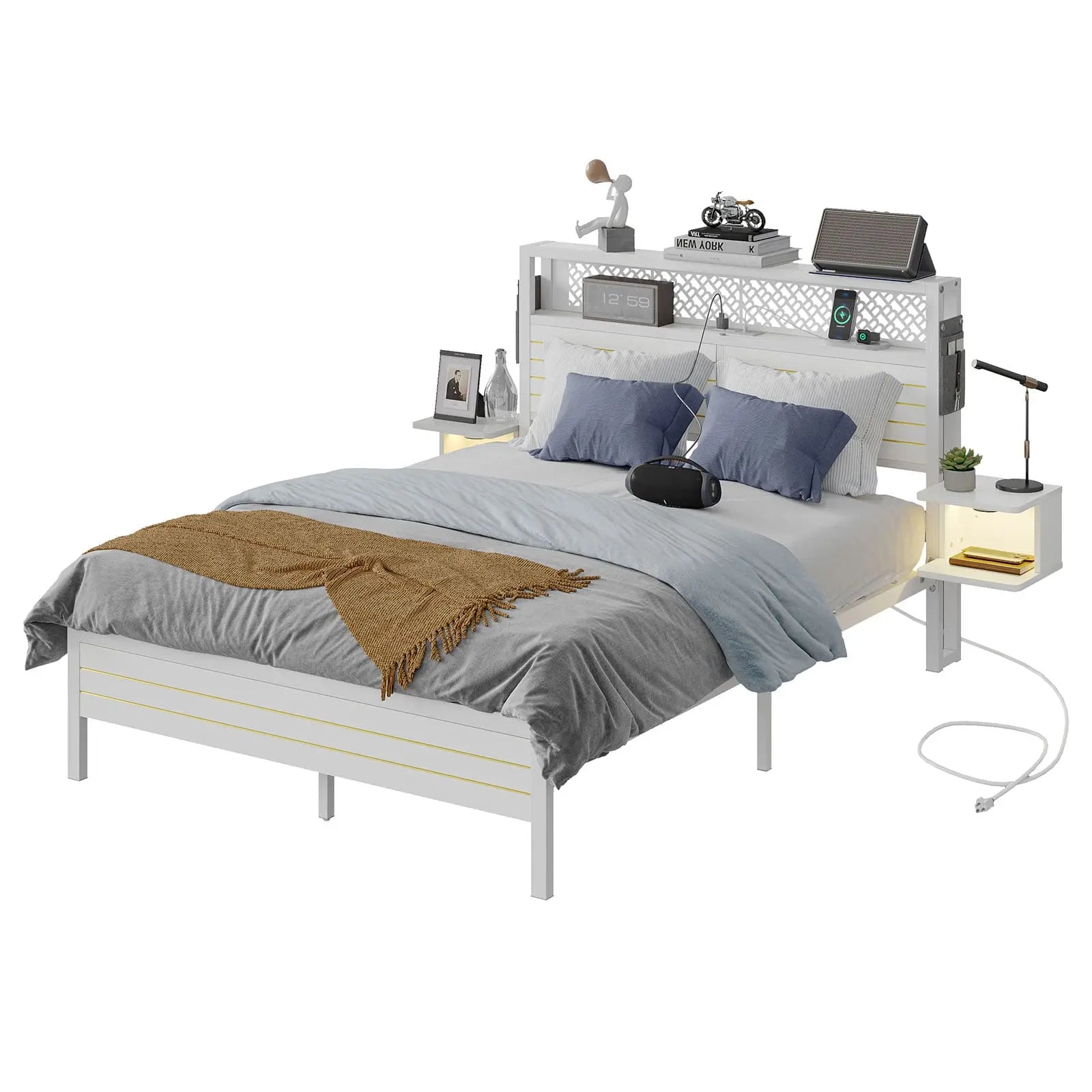 full bed frame with horizontal golden stripe storage headboard Bestier