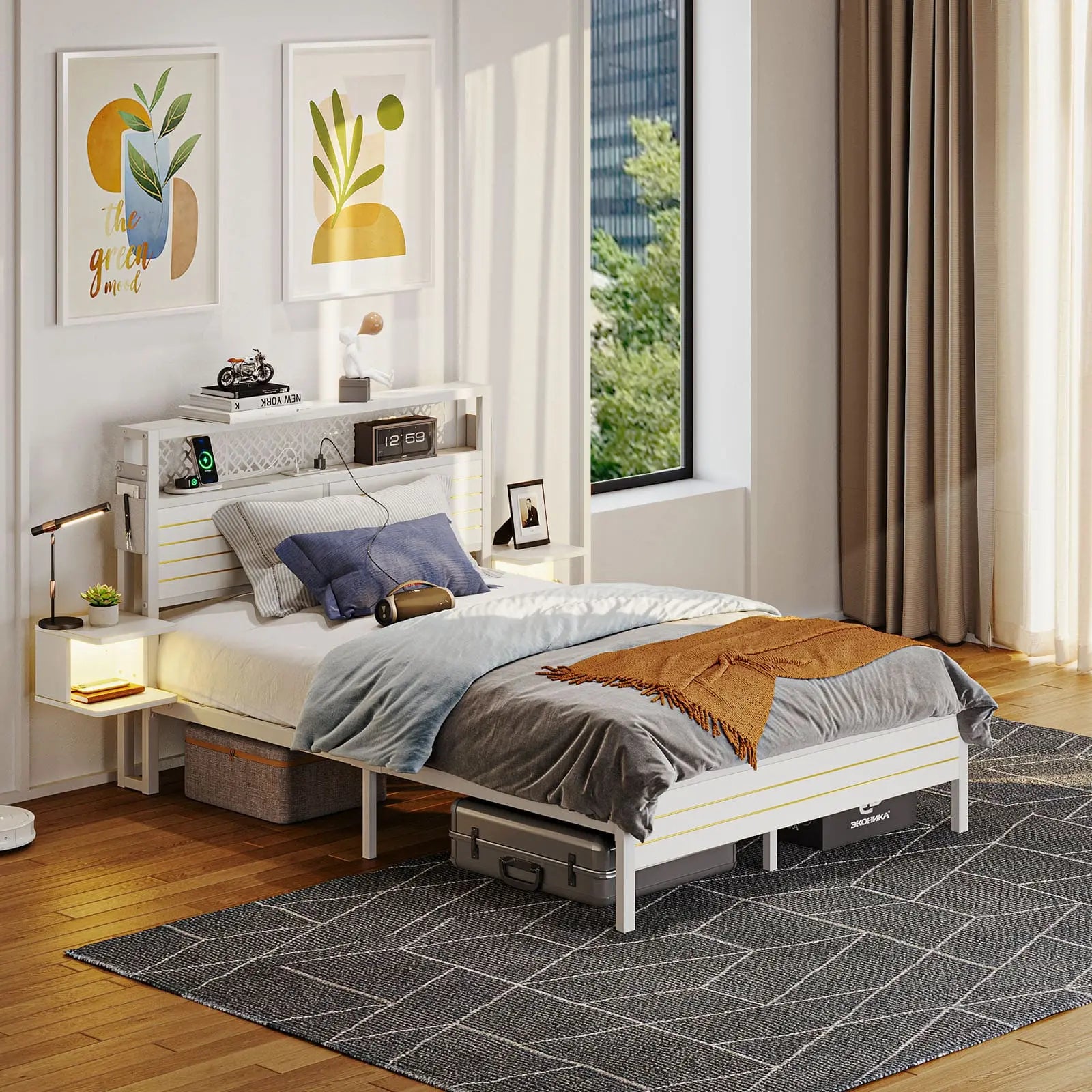 full bed frame with horizontal golden stripe storage headboard Bestier