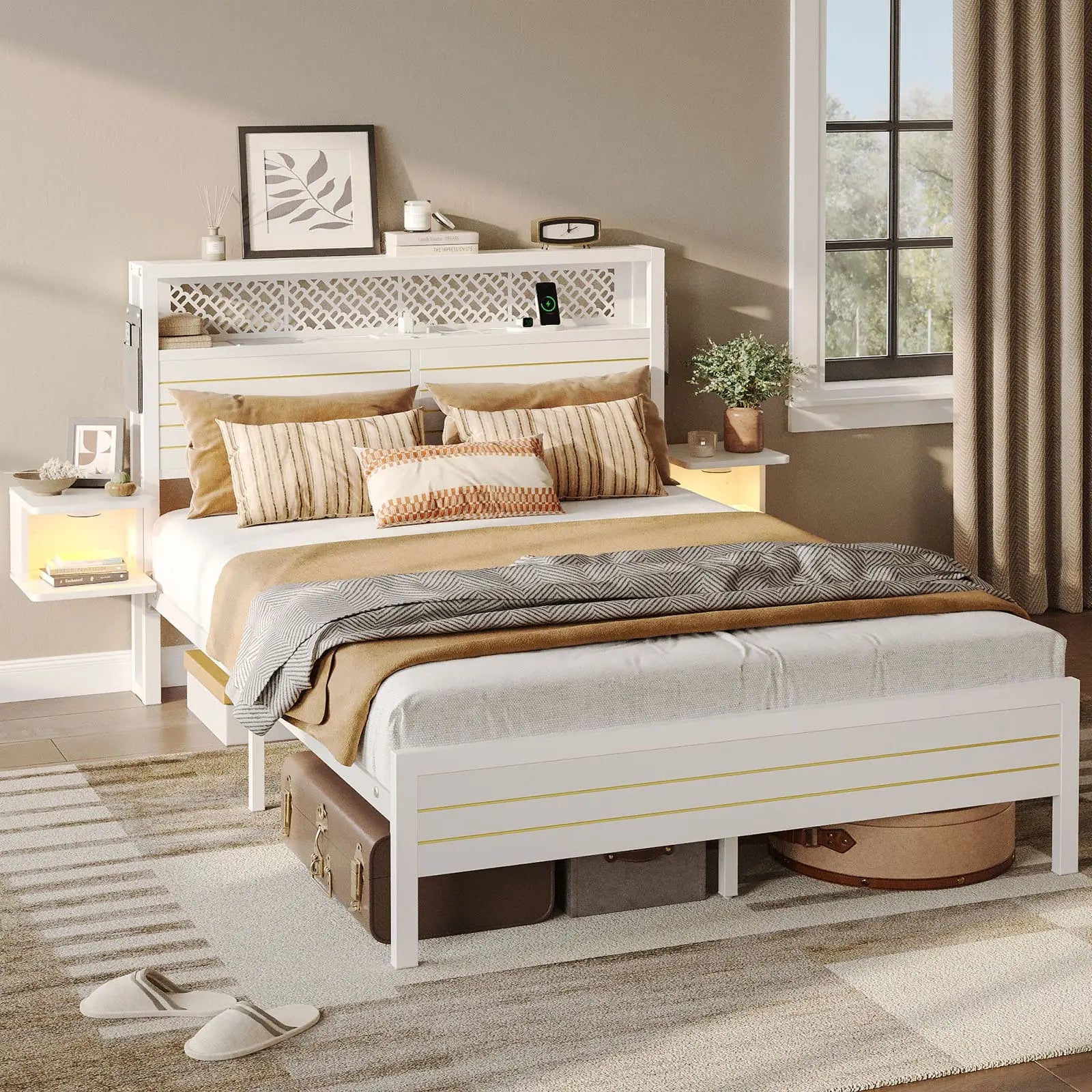 full bed frame with horizontal golden stripe storage headboard Bestier