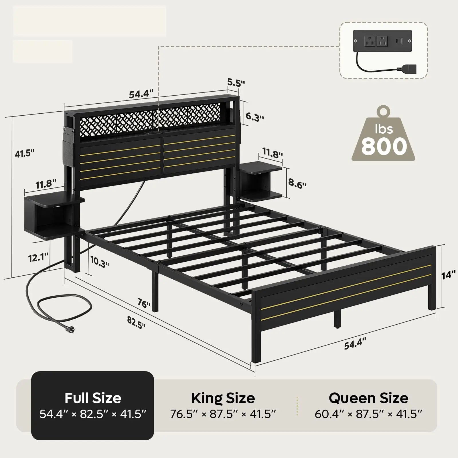 full bed frame with horizontal golden stripe storage headboard Bestier