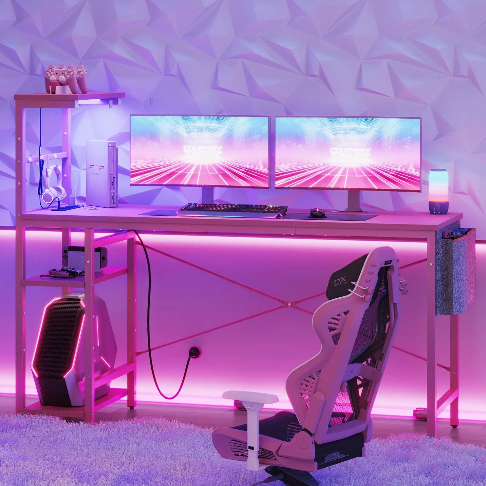 the pink gaming desk with reversible shelves in a room