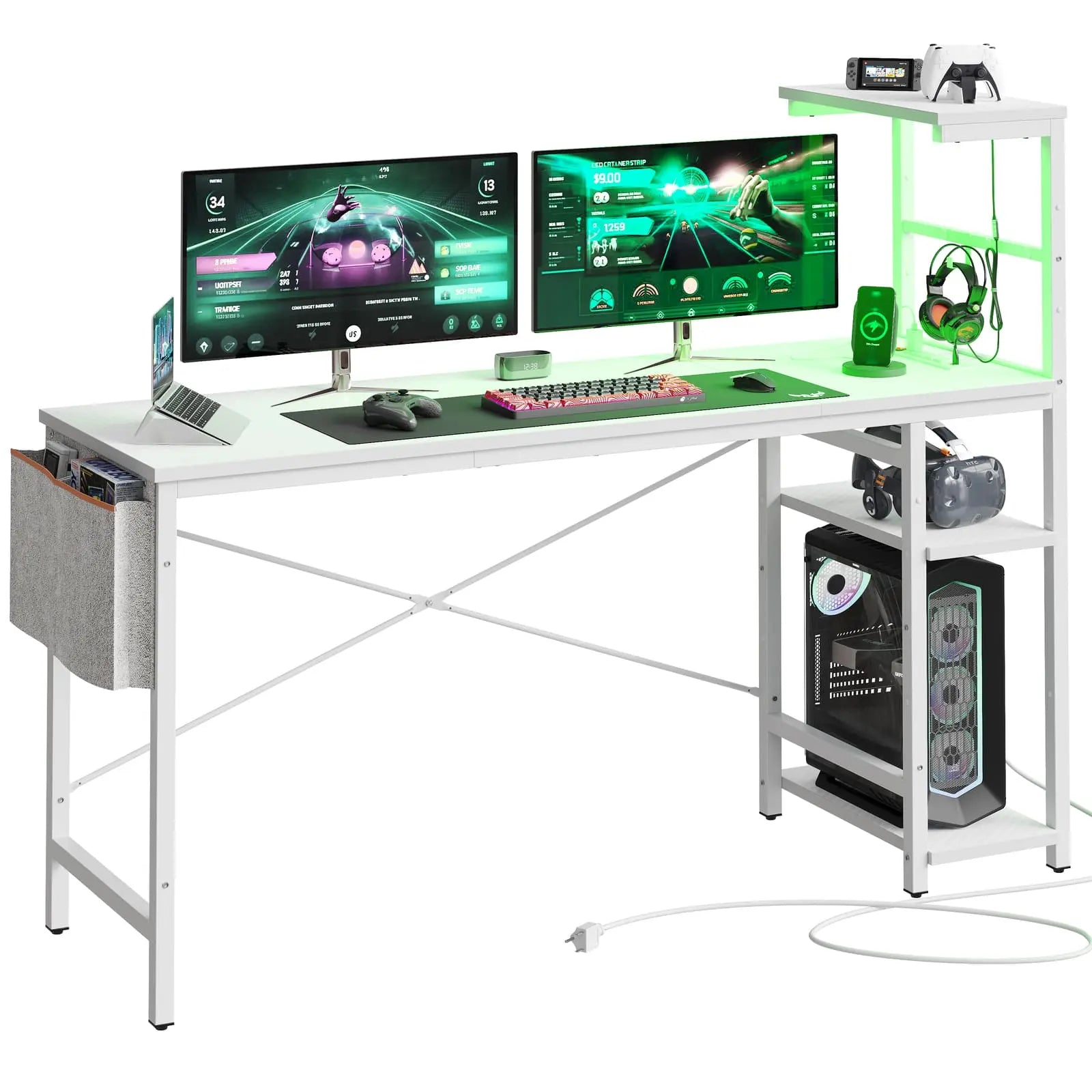 the white gaming desk with reversible shelves in the white background