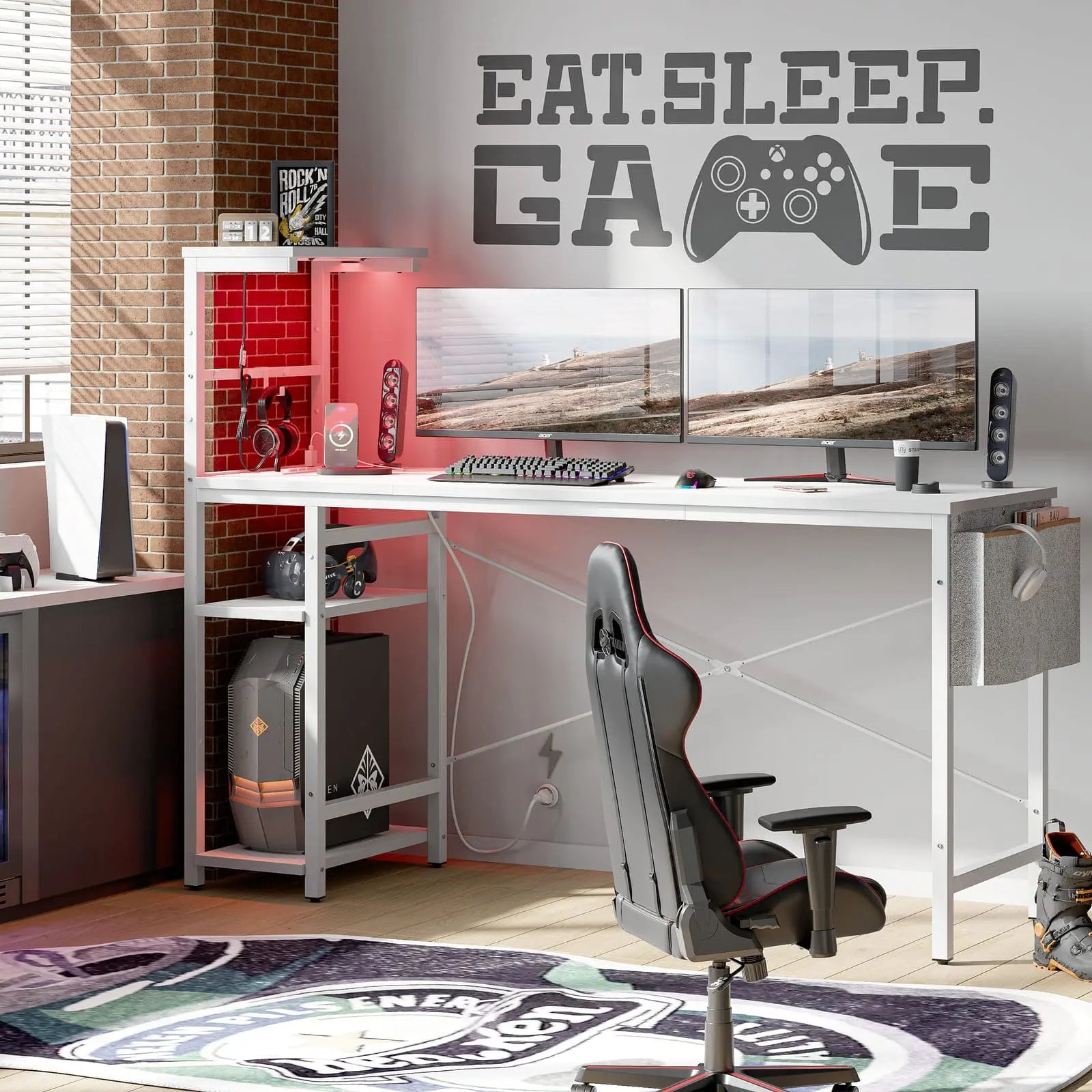 the white gaming desk with reversible shelves