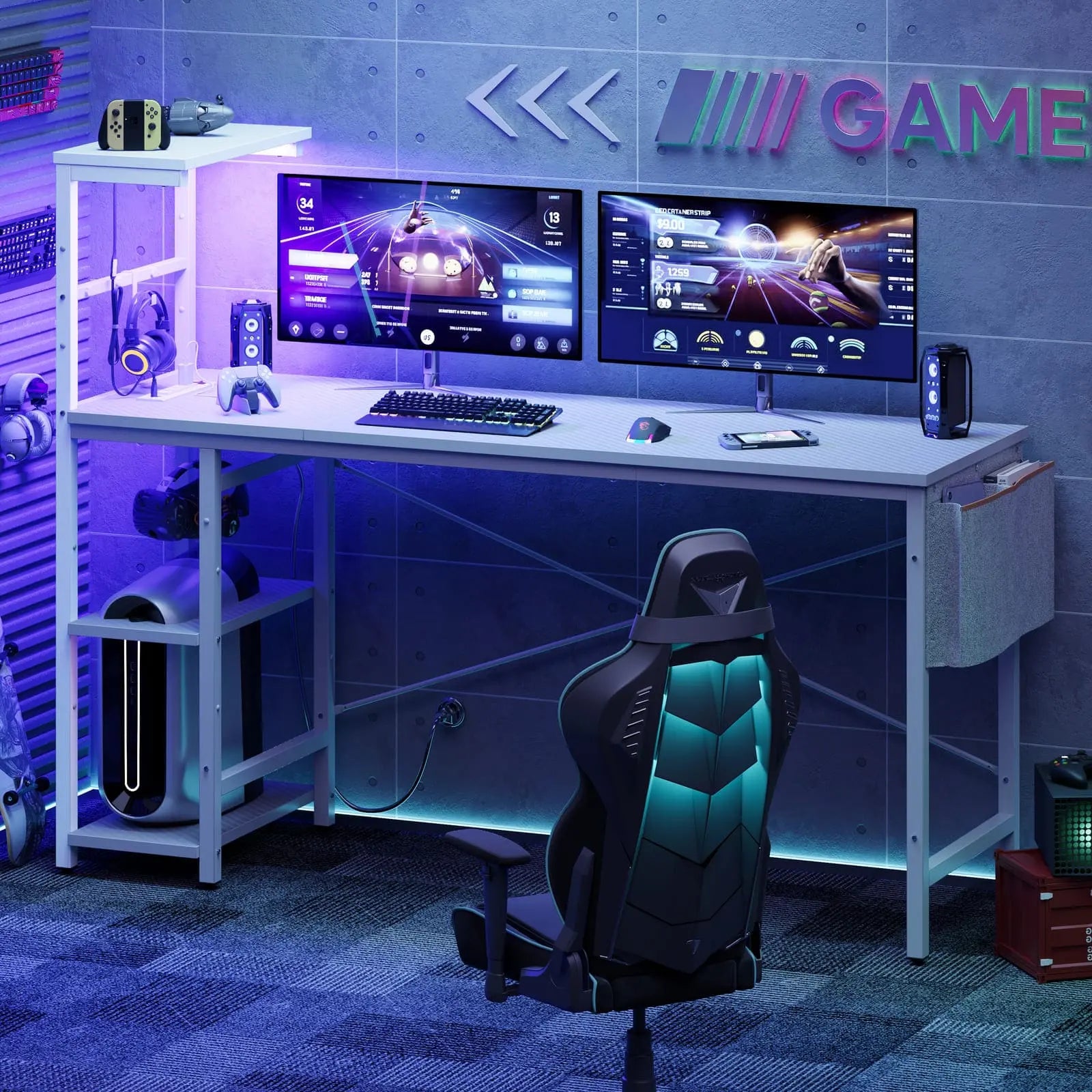 the white gaming desk with reversible shelves in a gaming room