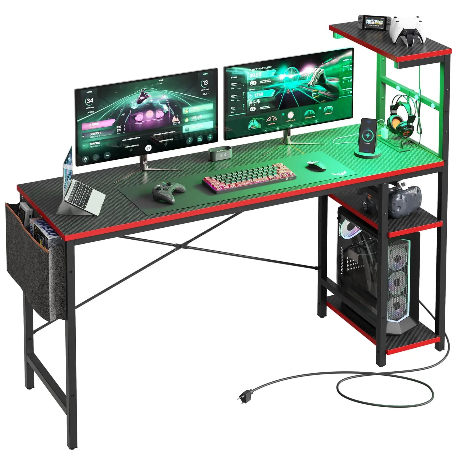 the black gaming desk with reversible shelves in the white background