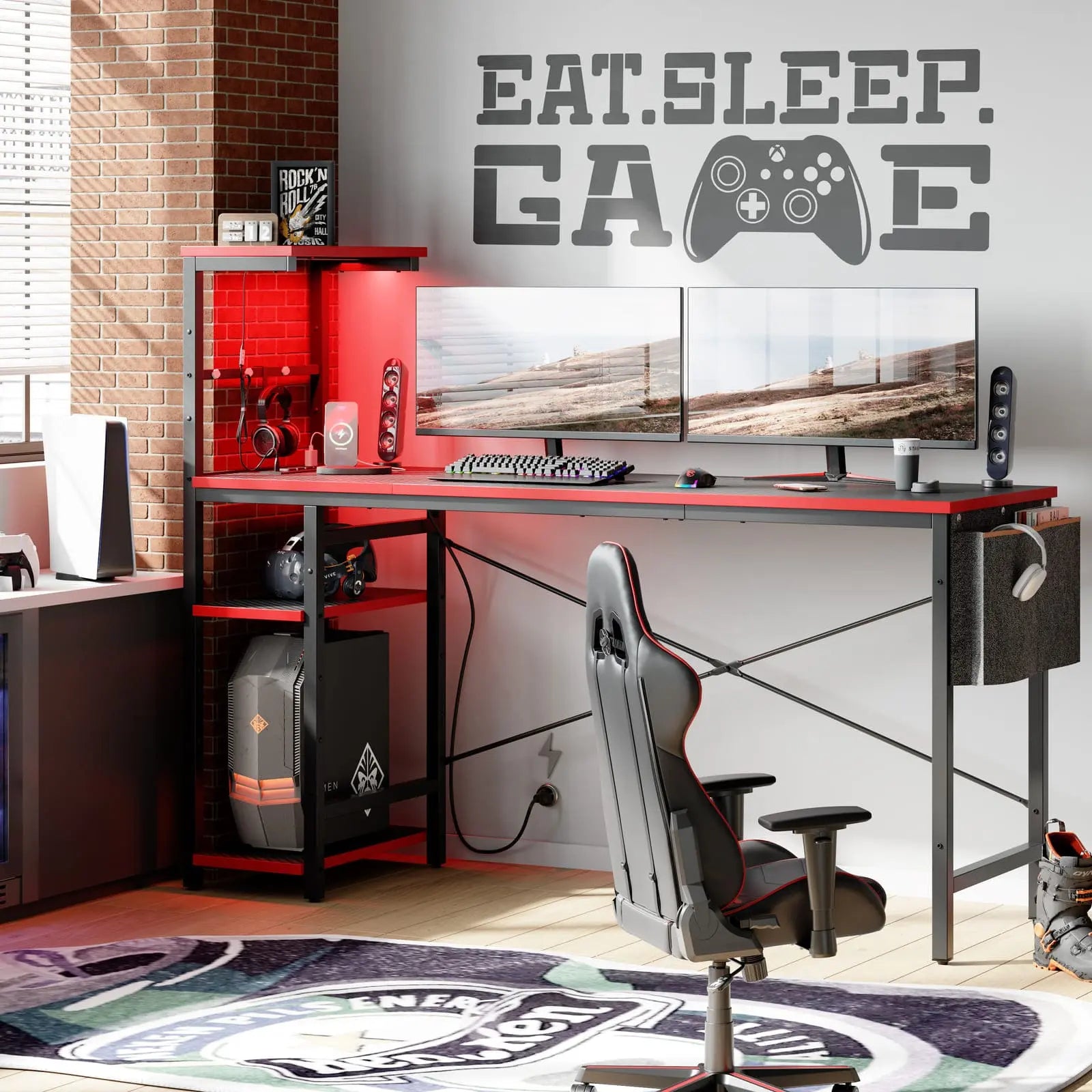the black gaming desk with reversible shelves