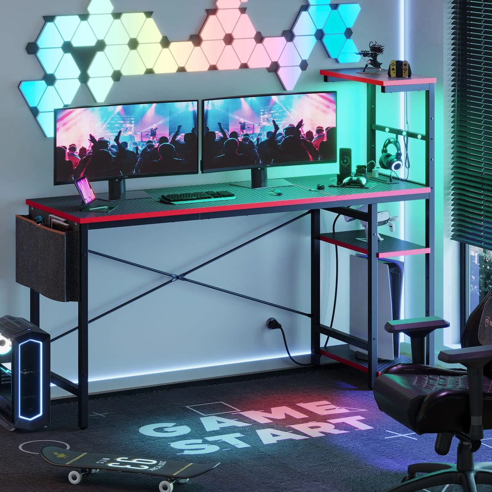 the black gaming desk with reversible shelves in a room