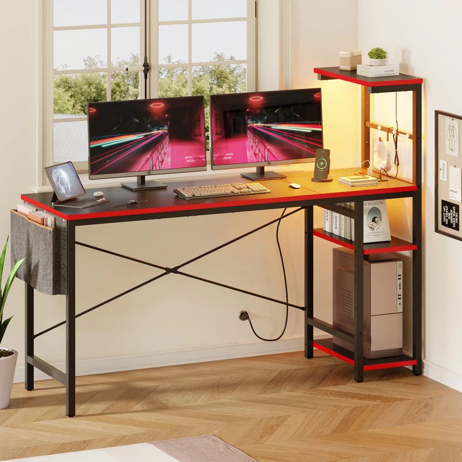 gaming desk with reversible shelves