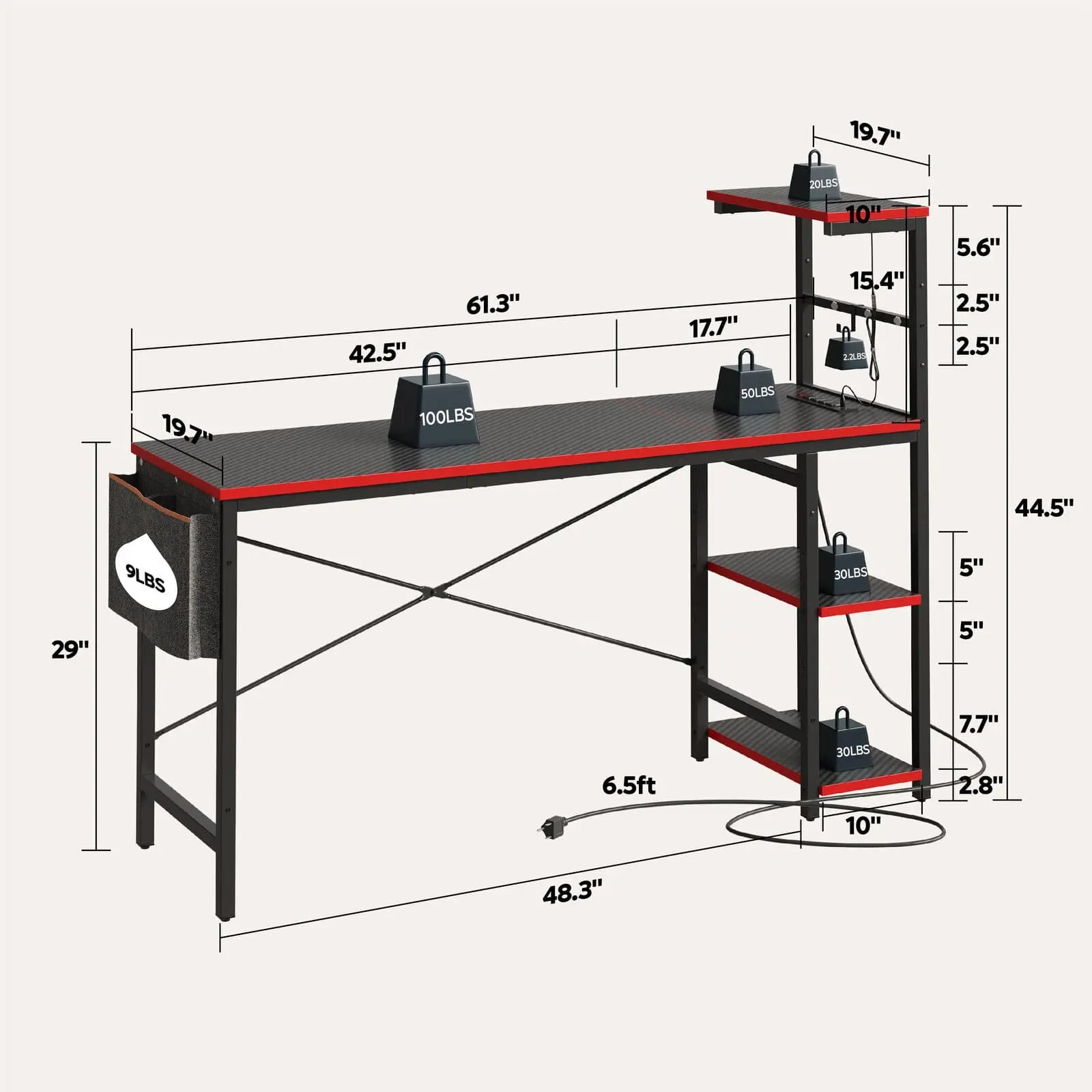 the size of this gaming desk with reversible shelves