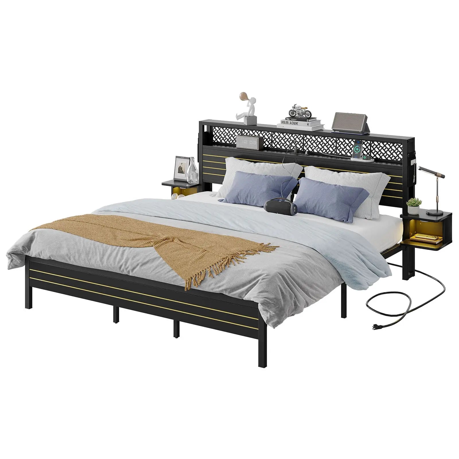 full bed frame with horizontal golden stripe storage headboard Bestier