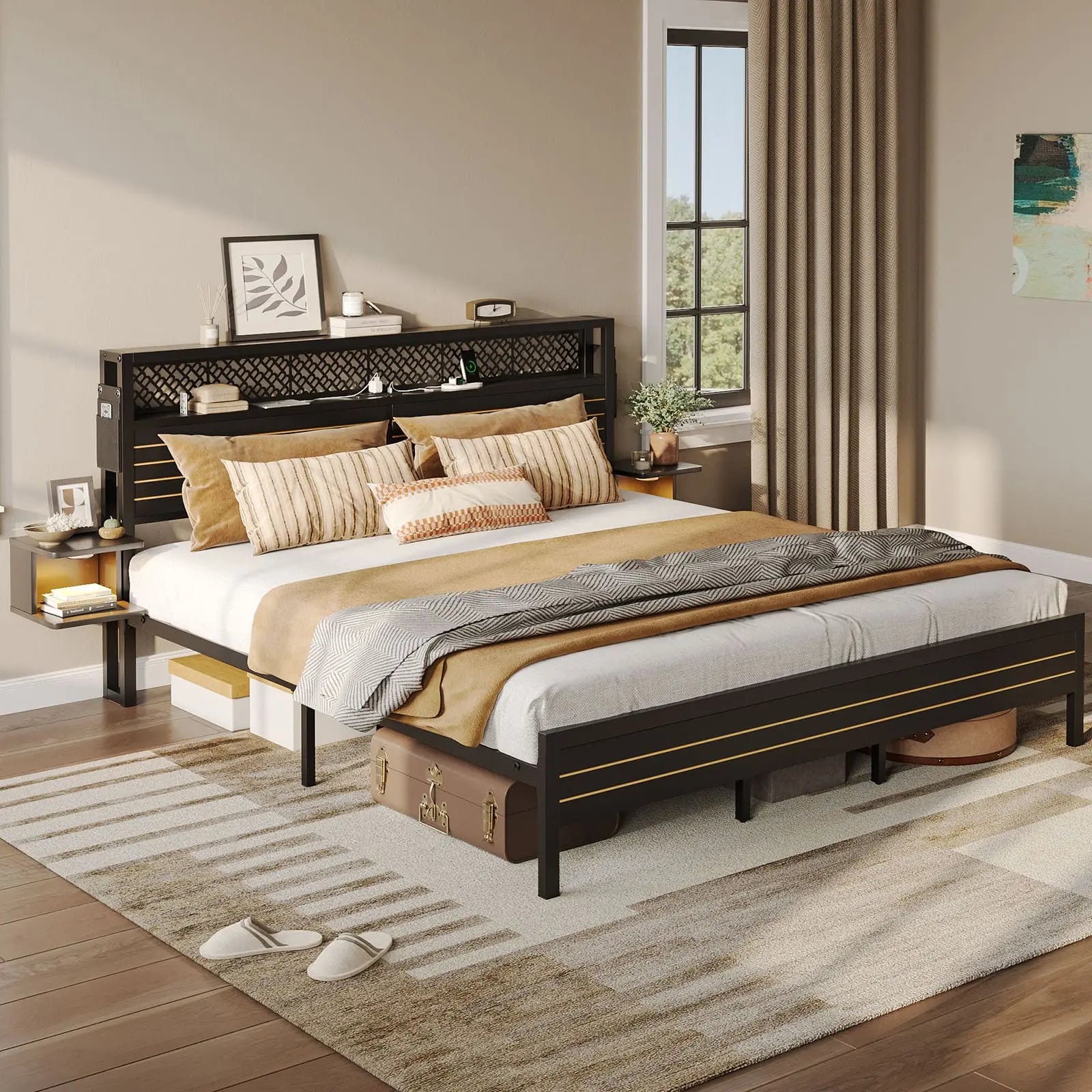 full bed frame with horizontal golden stripe storage headboard Bestier