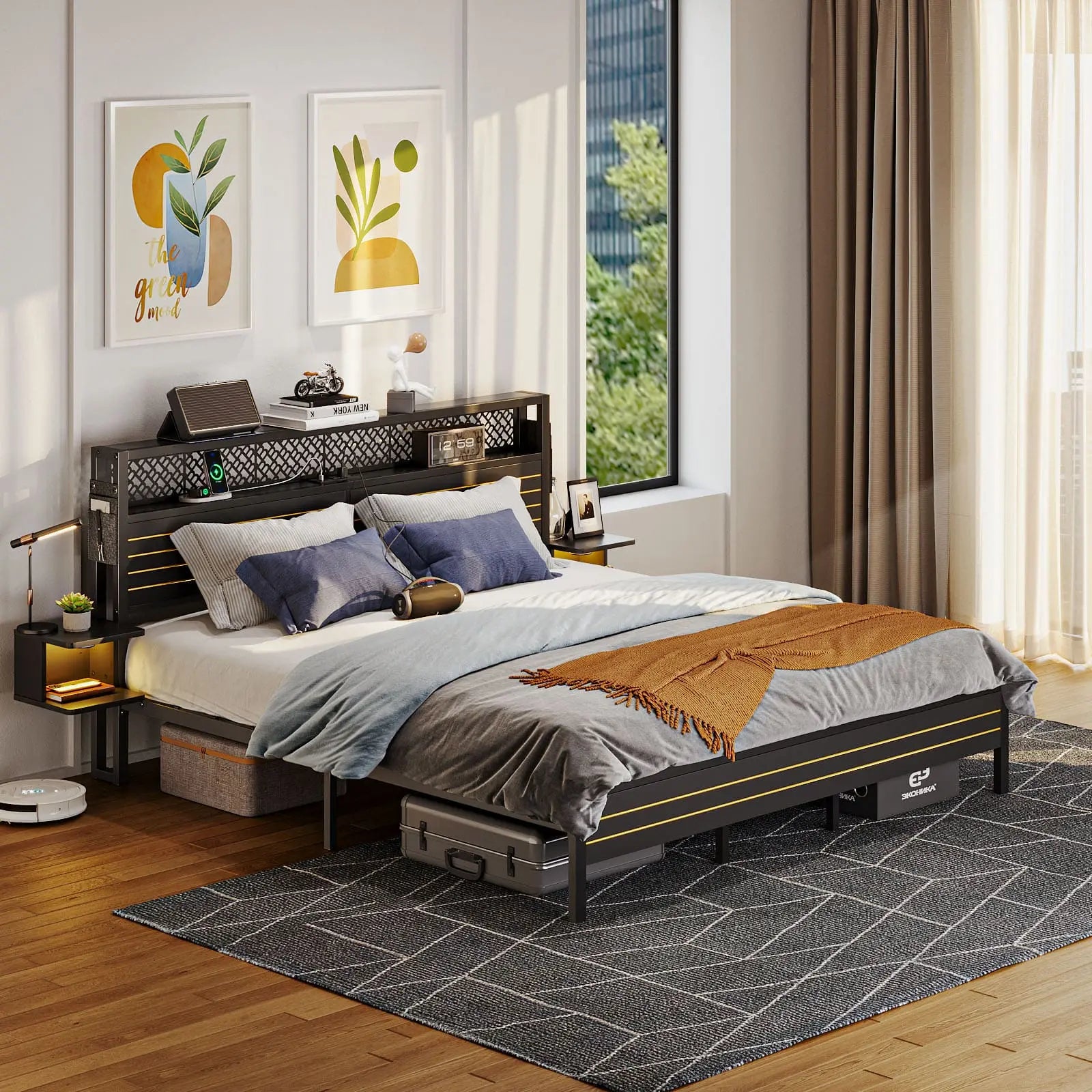 full bed frame with horizontal golden stripe storage headboard Bestier