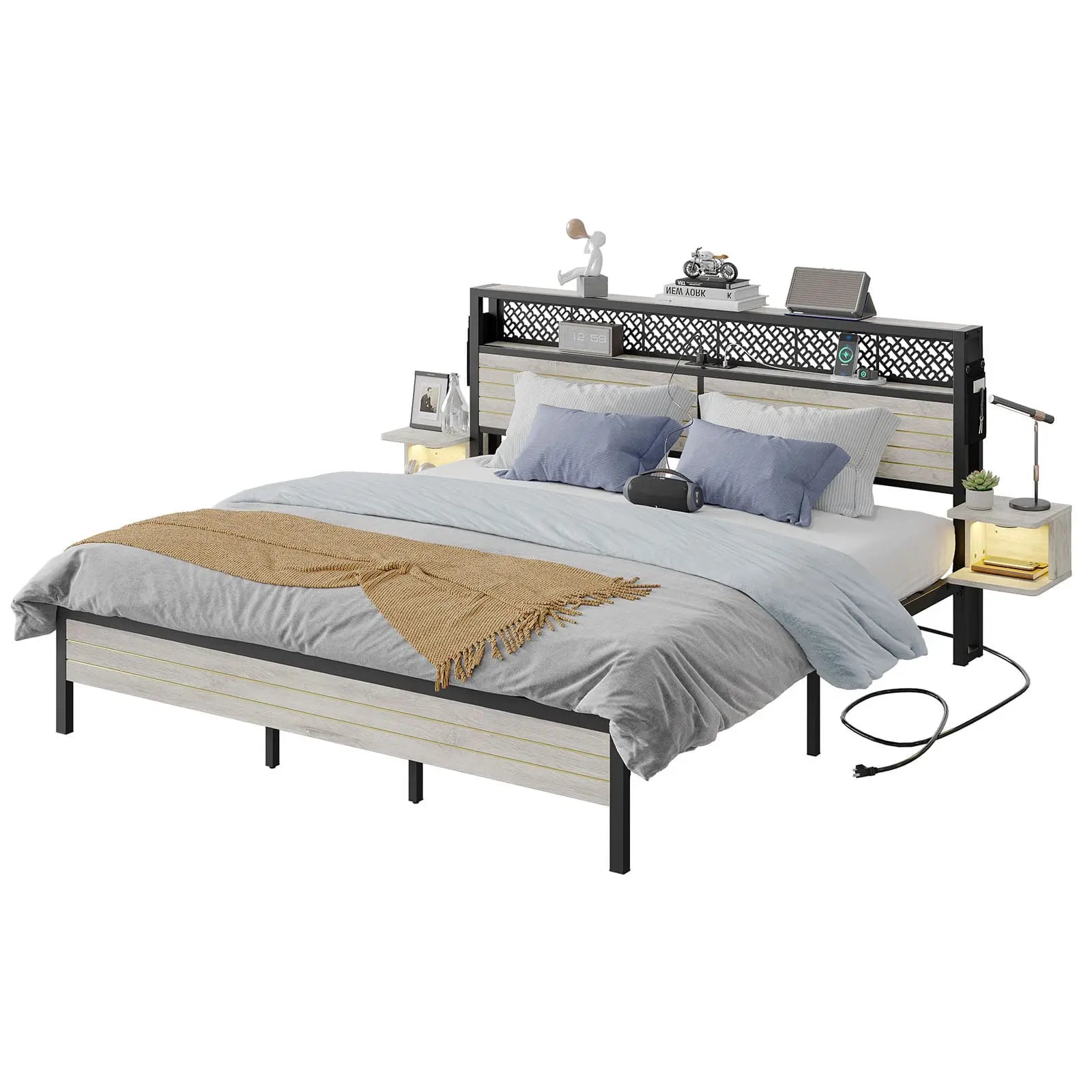 full bed frame with horizontal golden stripe storage headboard Bestier