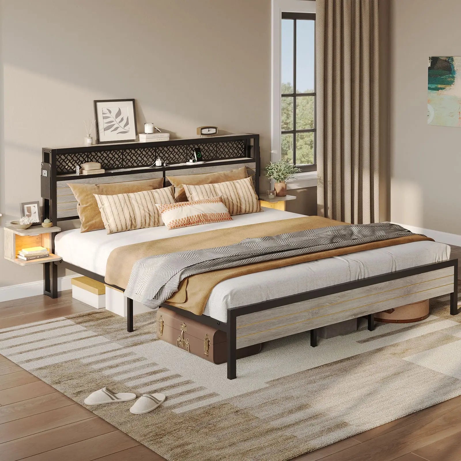 full bed frame with horizontal golden stripe storage headboard Bestier