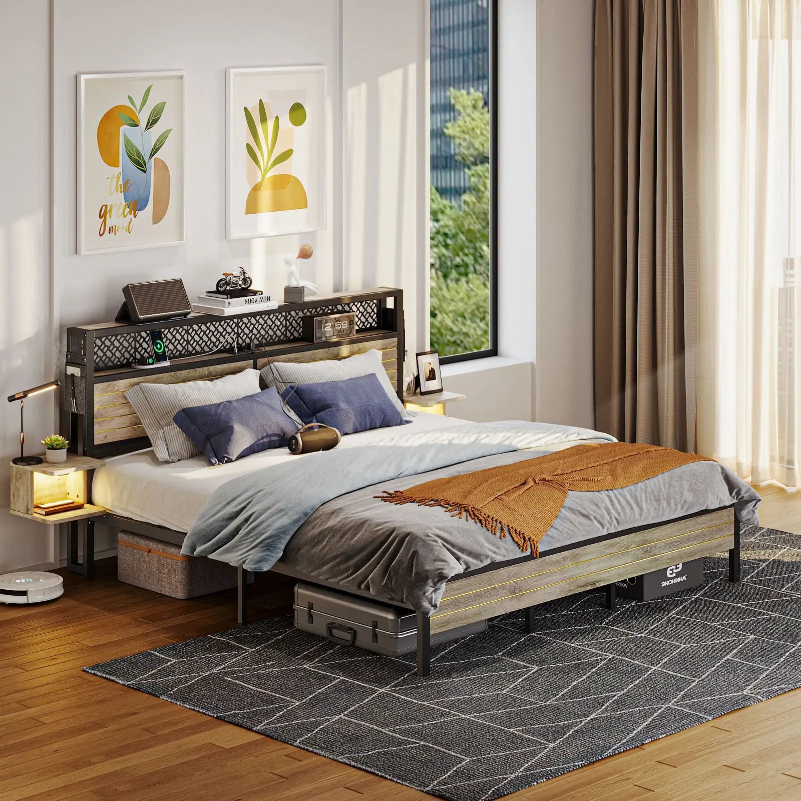 full bed frame with horizontal golden stripe storage headboard Bestier