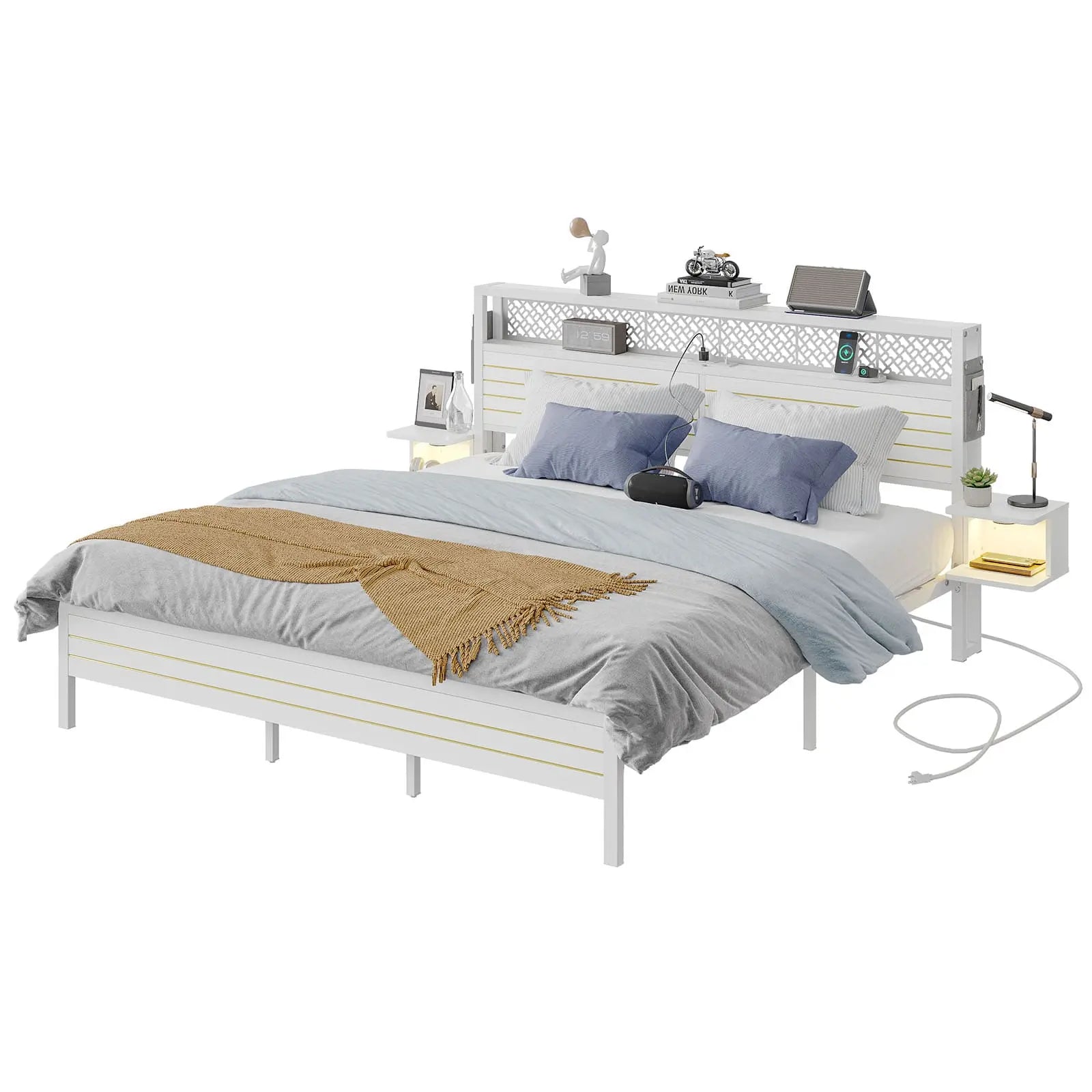 full bed frame with horizontal golden stripe storage headboard Bestier