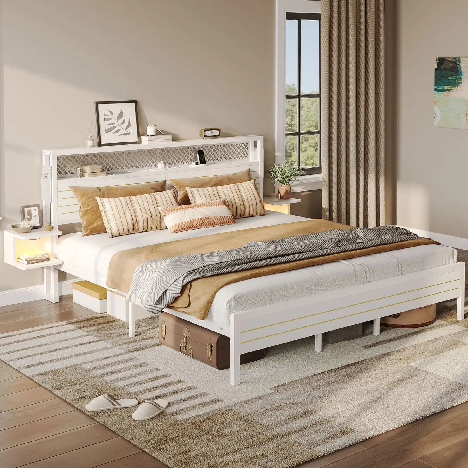 full bed frame with horizontal golden stripe storage headboard Bestier